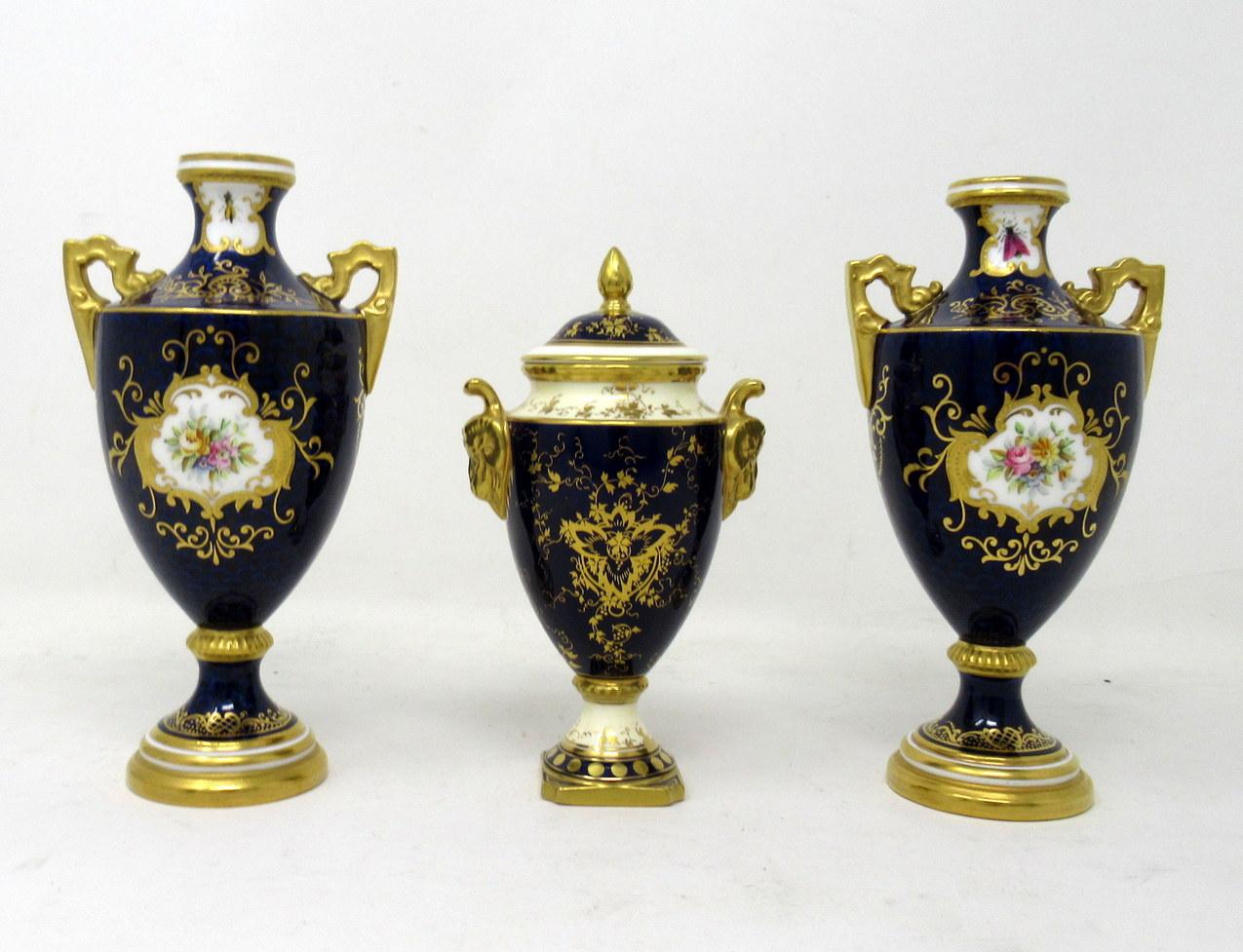 English Garniture Coalport Porcelain Vases Urns Hand Painted Still Life Flowers Birds