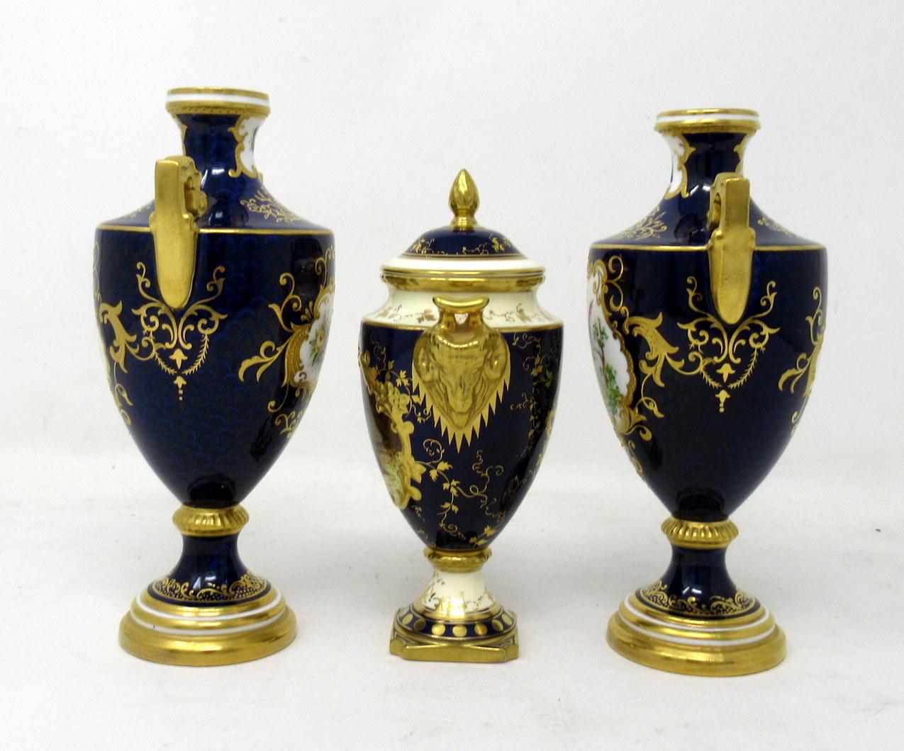 19th Century Garniture Coalport Porcelain Vases Urns Hand Painted Still Life Flowers Birds