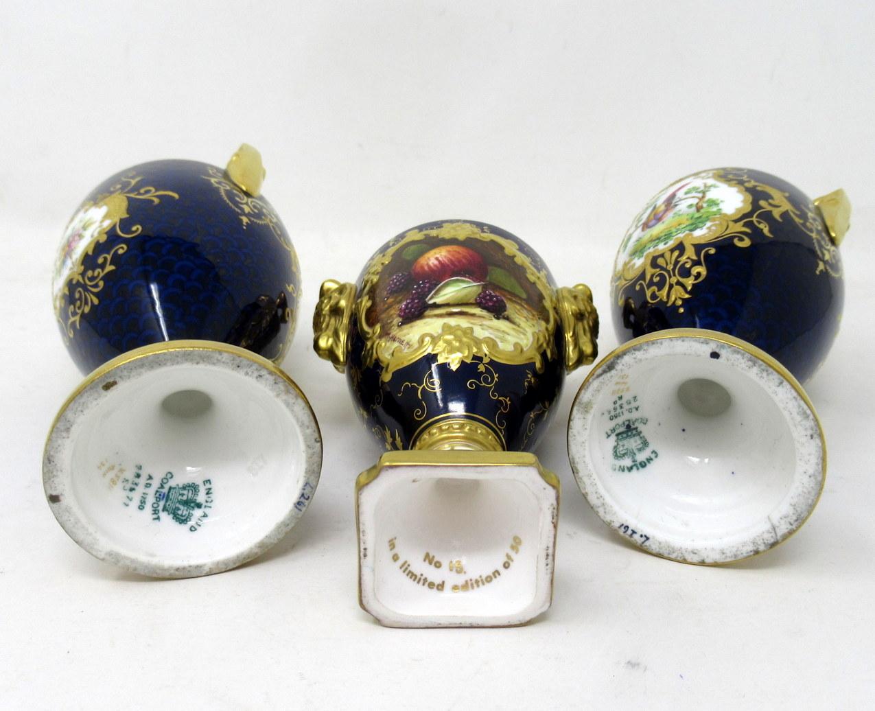 Garniture Coalport Porcelain Vases Urns Hand Painted Still Life Flowers Birds 3