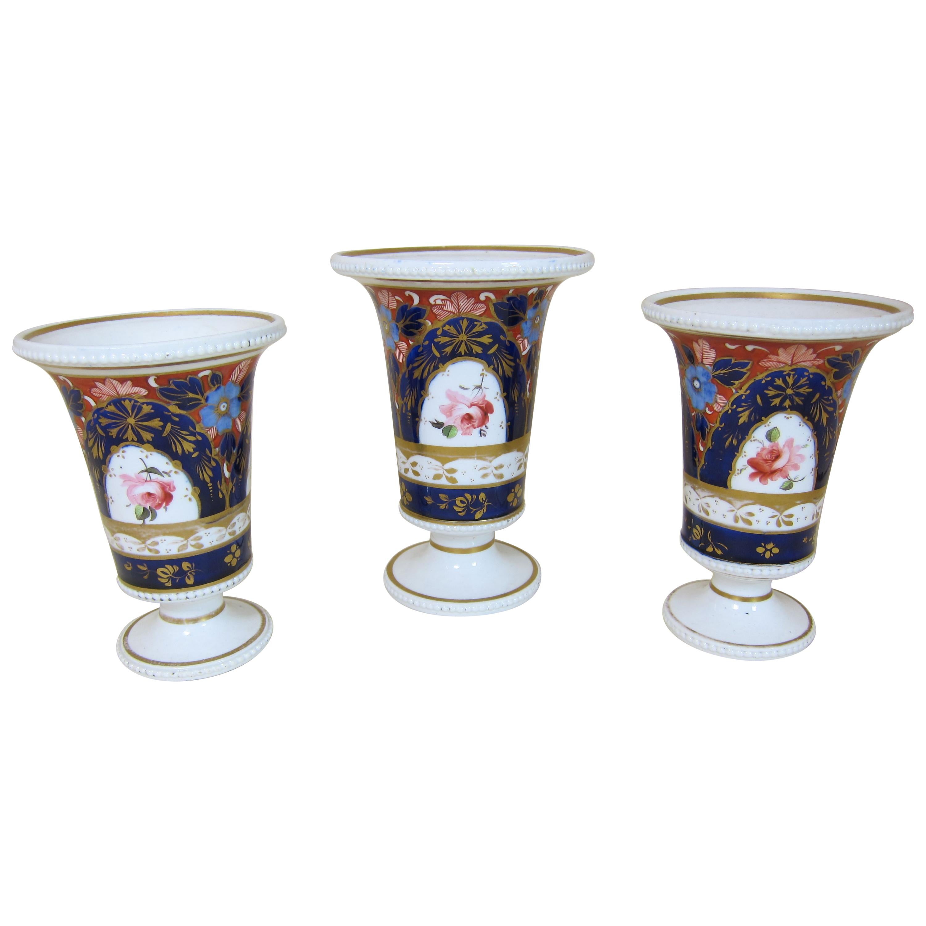 Garniture of 3 Spode Porcelain Vases Decorated with Blue Ground and Roses For Sale