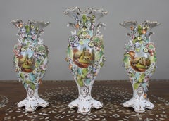 Garniture of Three English Flower-Encrusted Porcelain Vases, c.1850
