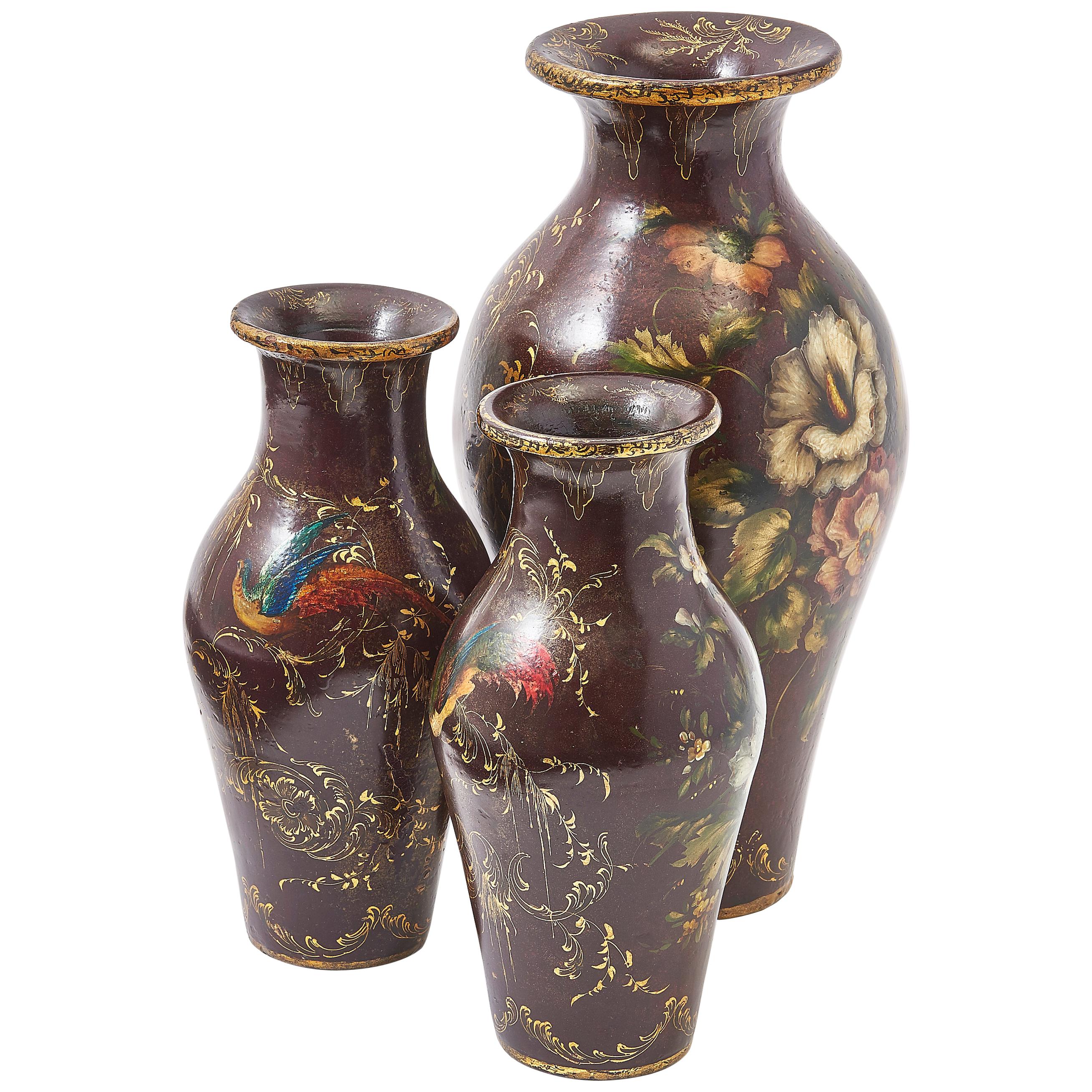 Garniture of Three Papier Mâché Floral Baluster Vases, English, circa 1860 For Sale
