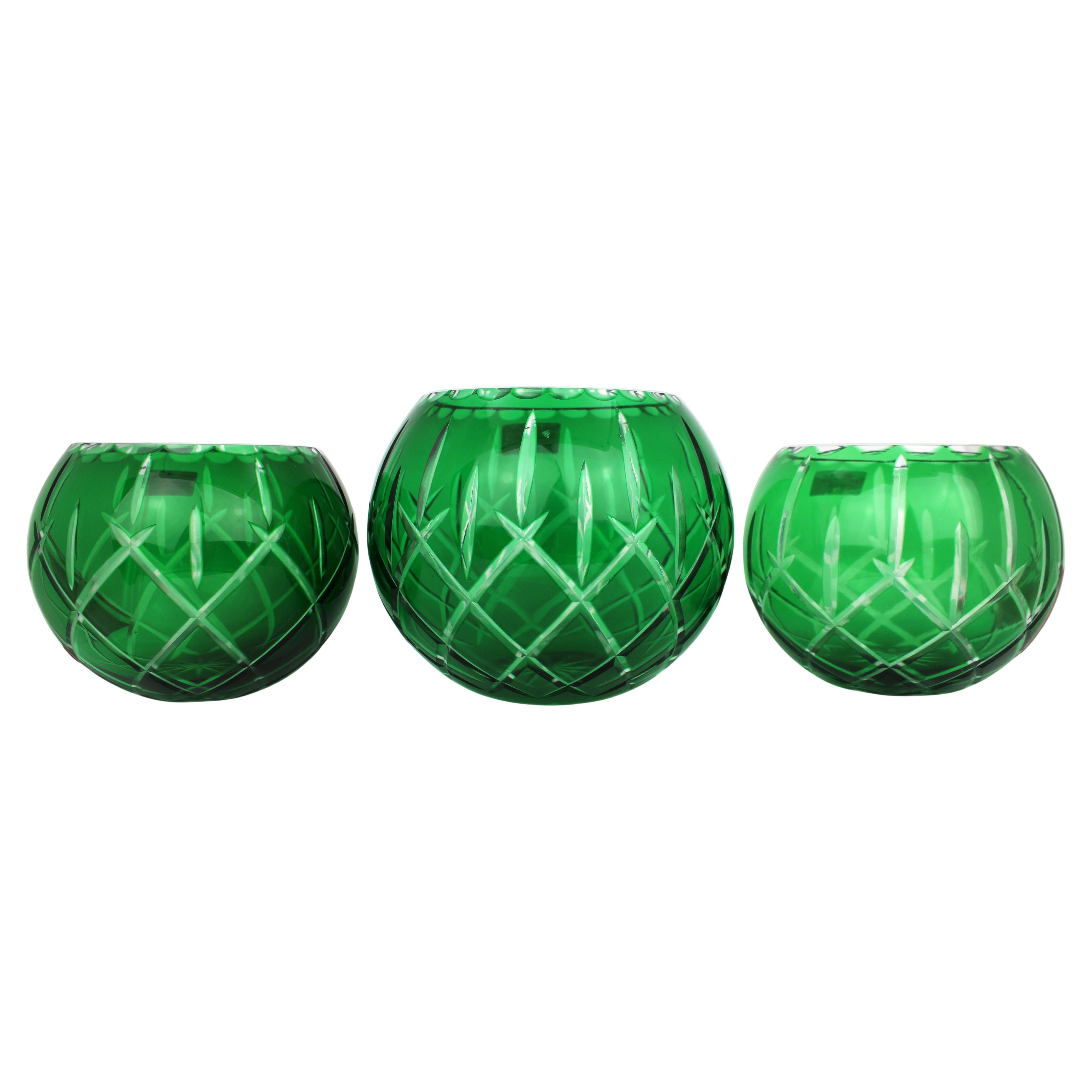 Guarnición de tres cuencos vintage de cristal tallado superpuesto verde Gorham