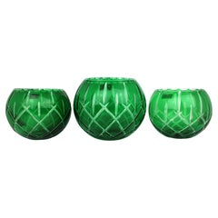 Garniture of Three Vintage Gorham Green Overlay Cut Crystal Bowls