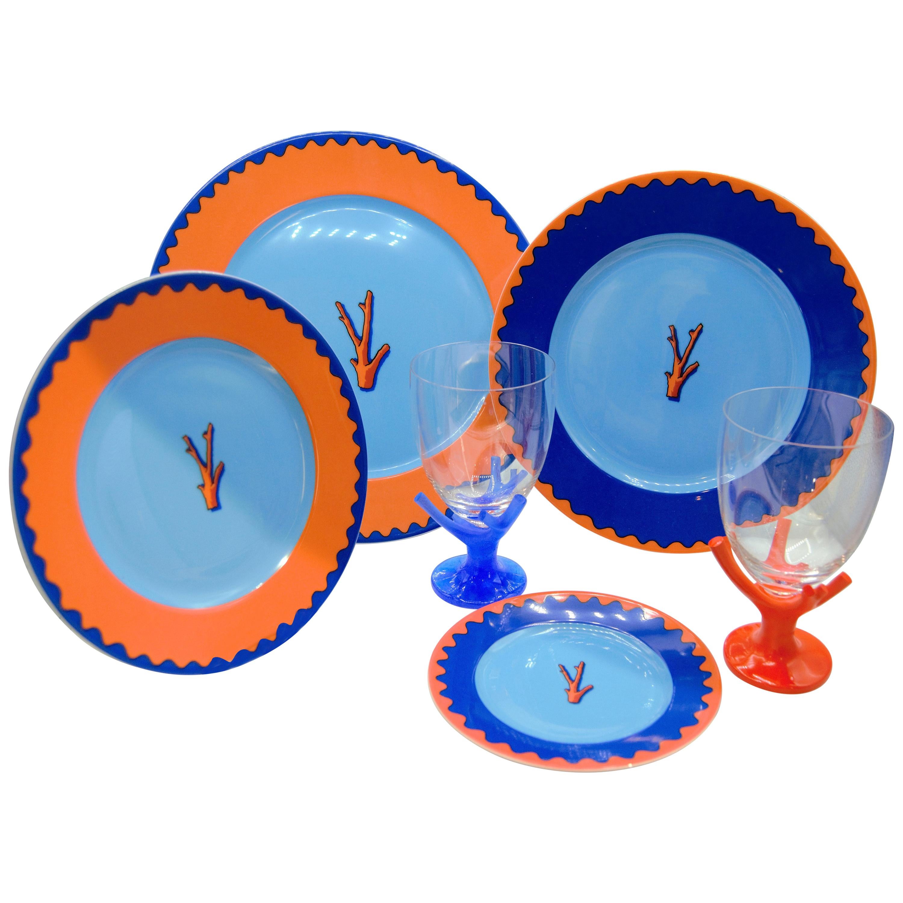 Garouste and Bonetti, by Daum - Limoges
Porcelain plate with dark and light blue with stunning orange border (vice versa according to the plate). Coral motive.

Available:

20 table plates / assiettes de table: 26 cm - 10.24 in
16 dessert-entremet