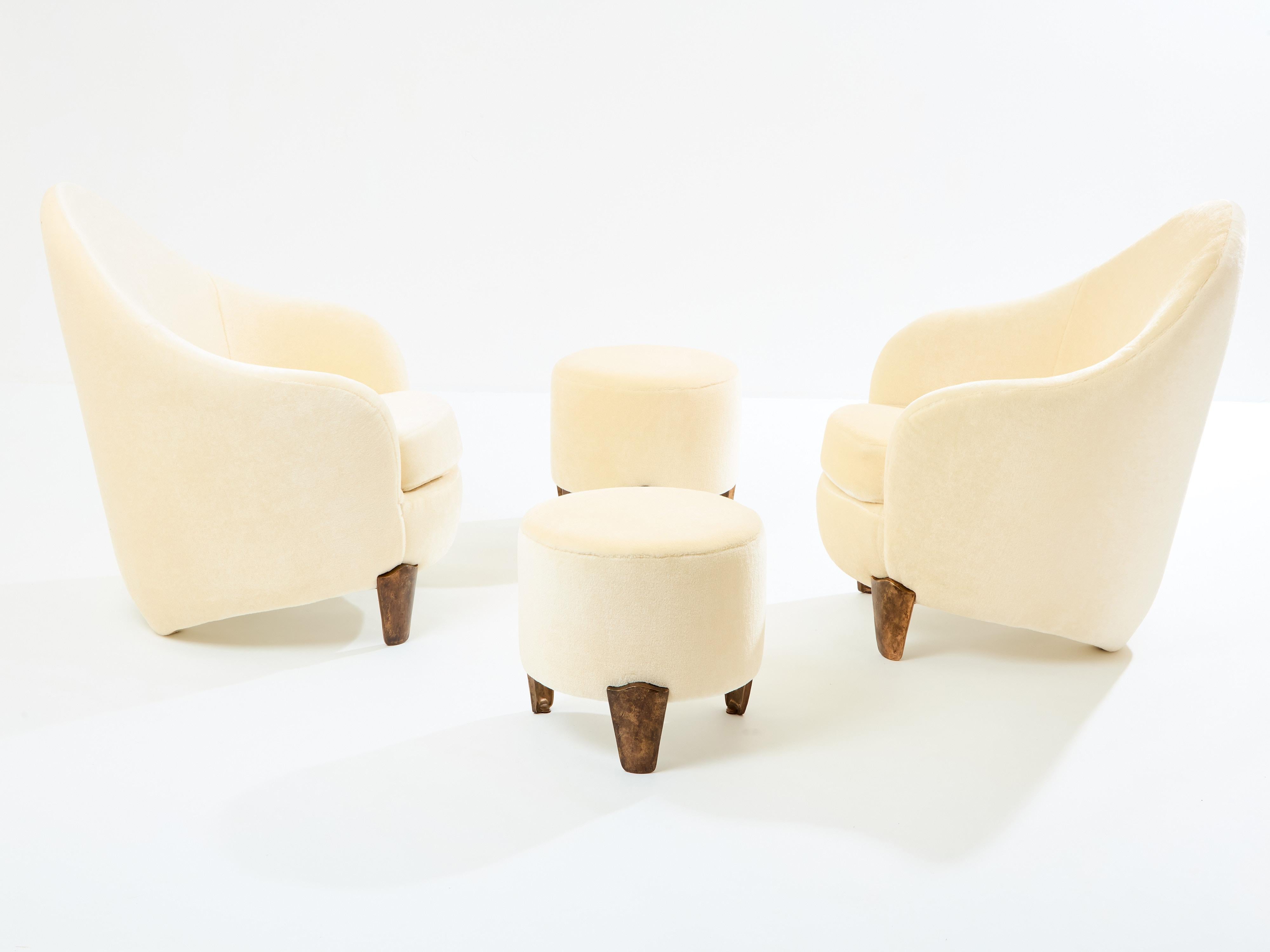 Modern Garouste & Bonetti Koala armchairs and stools bronze mohair velvet 1995