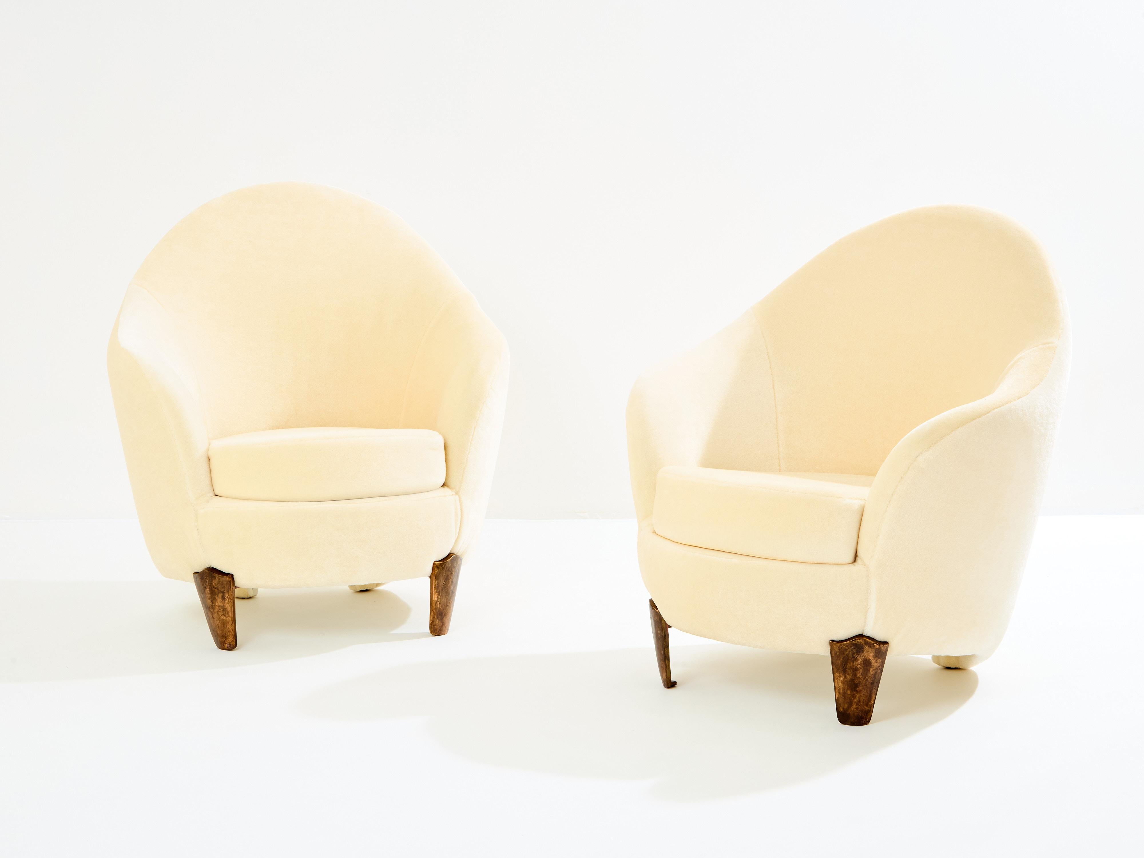 French Garouste & Bonetti Koala armchairs and stools bronze mohair velvet 1995