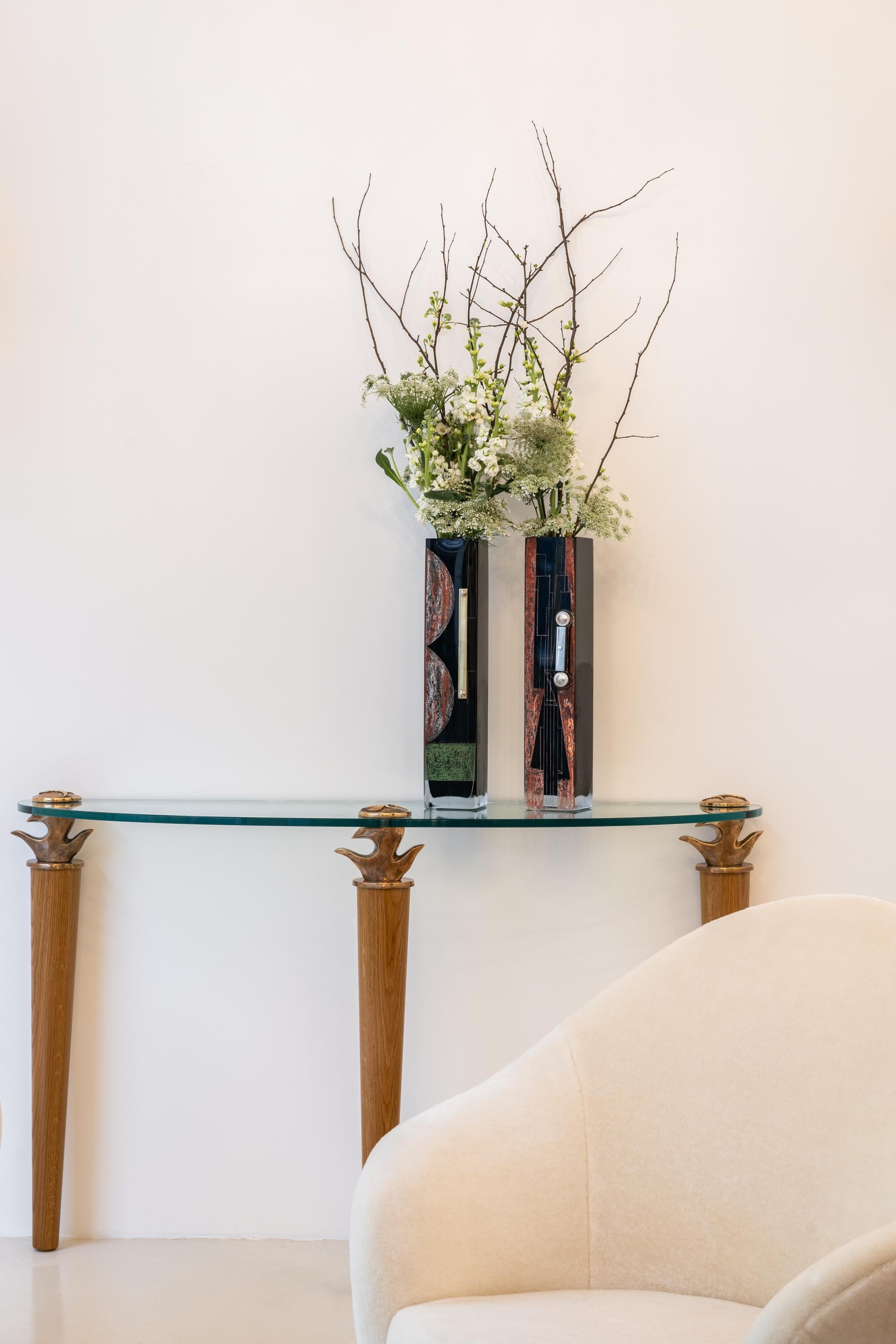 Garouste & Bonetti solid oak and bronze glass console table 1995 For Sale 5