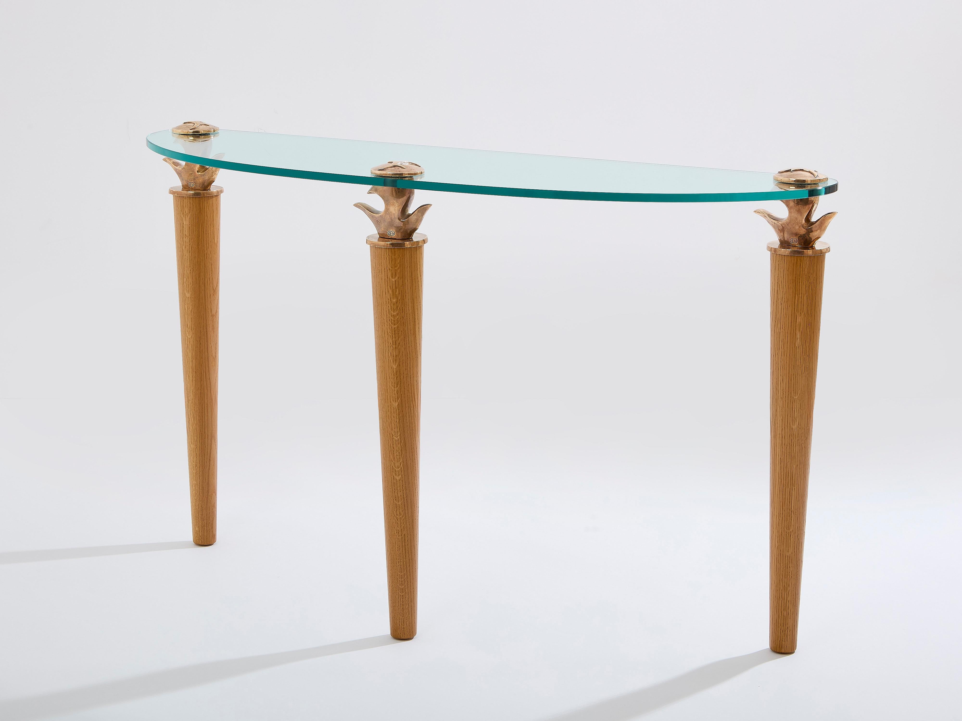 Garouste & Bonetti Konsolentisch aus massiver Eiche und Bronzeglas 1995 (Moderne) im Angebot