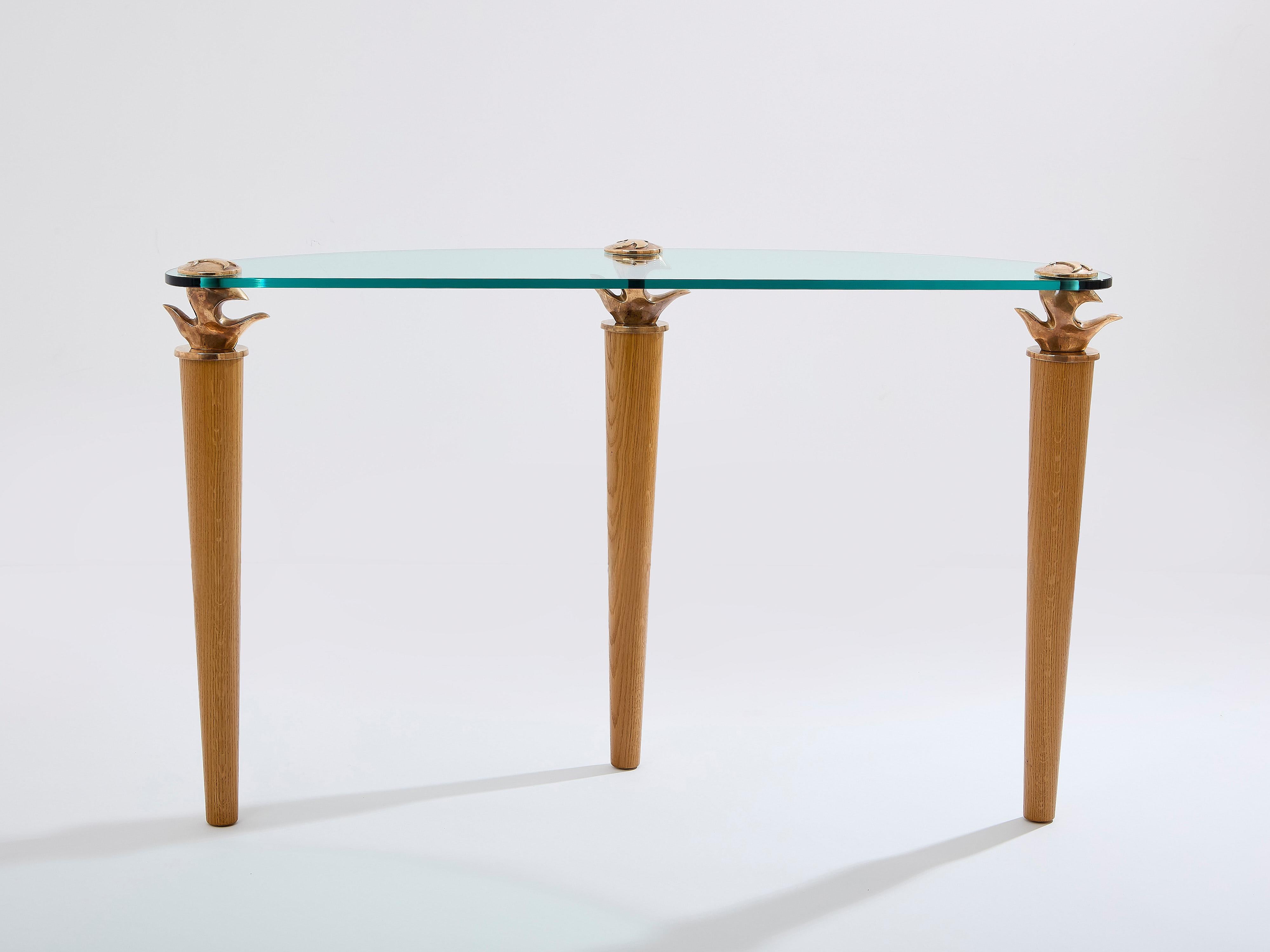 Garouste & Bonetti Konsolentisch aus massiver Eiche und Bronzeglas 1995 im Angebot 2
