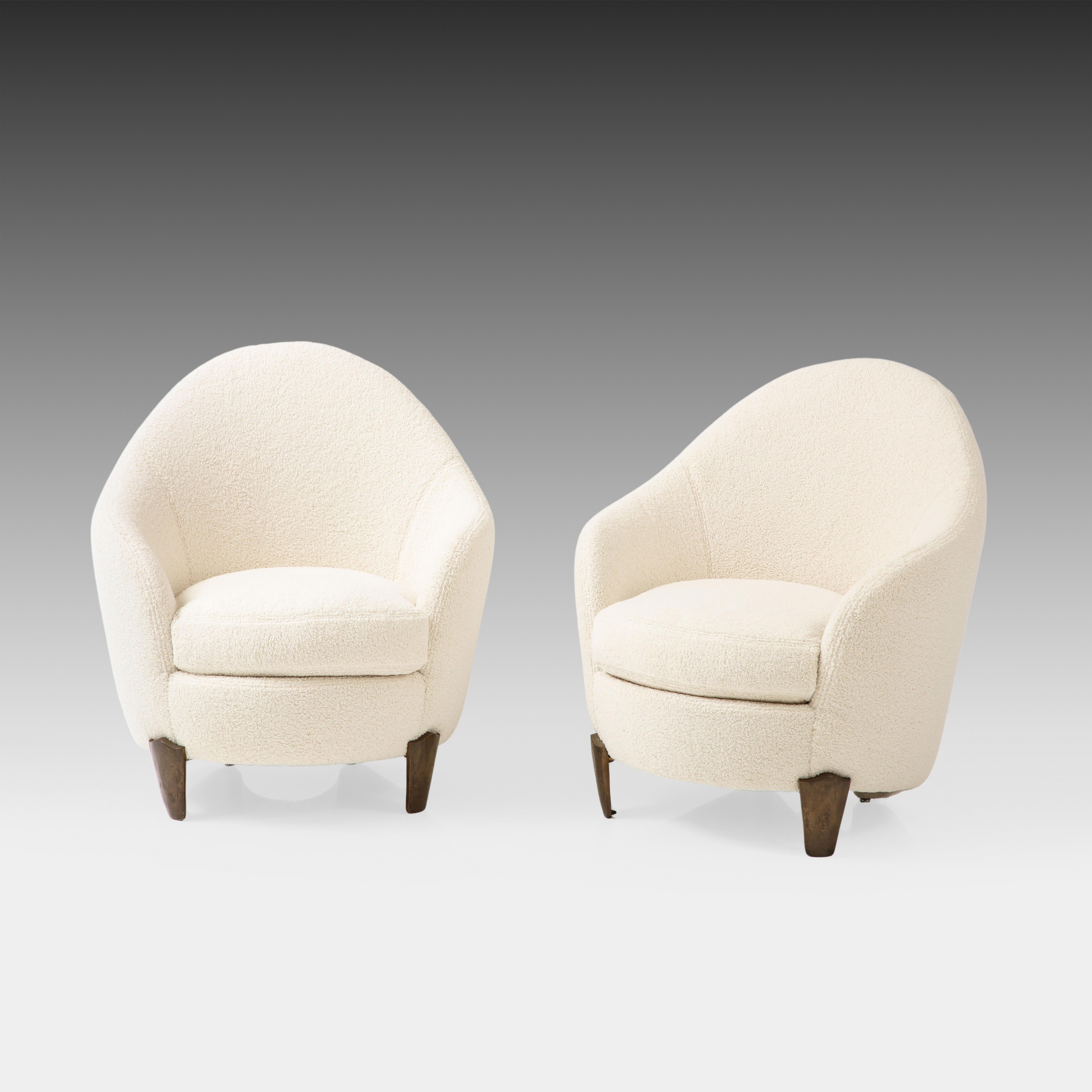 Elizabeth Garouste and Mattia Bonetti elegant and chic pair of Koala armchairs or lounge chairs in ivory bouclé with cast patinated bronze legs impressed with monogram 