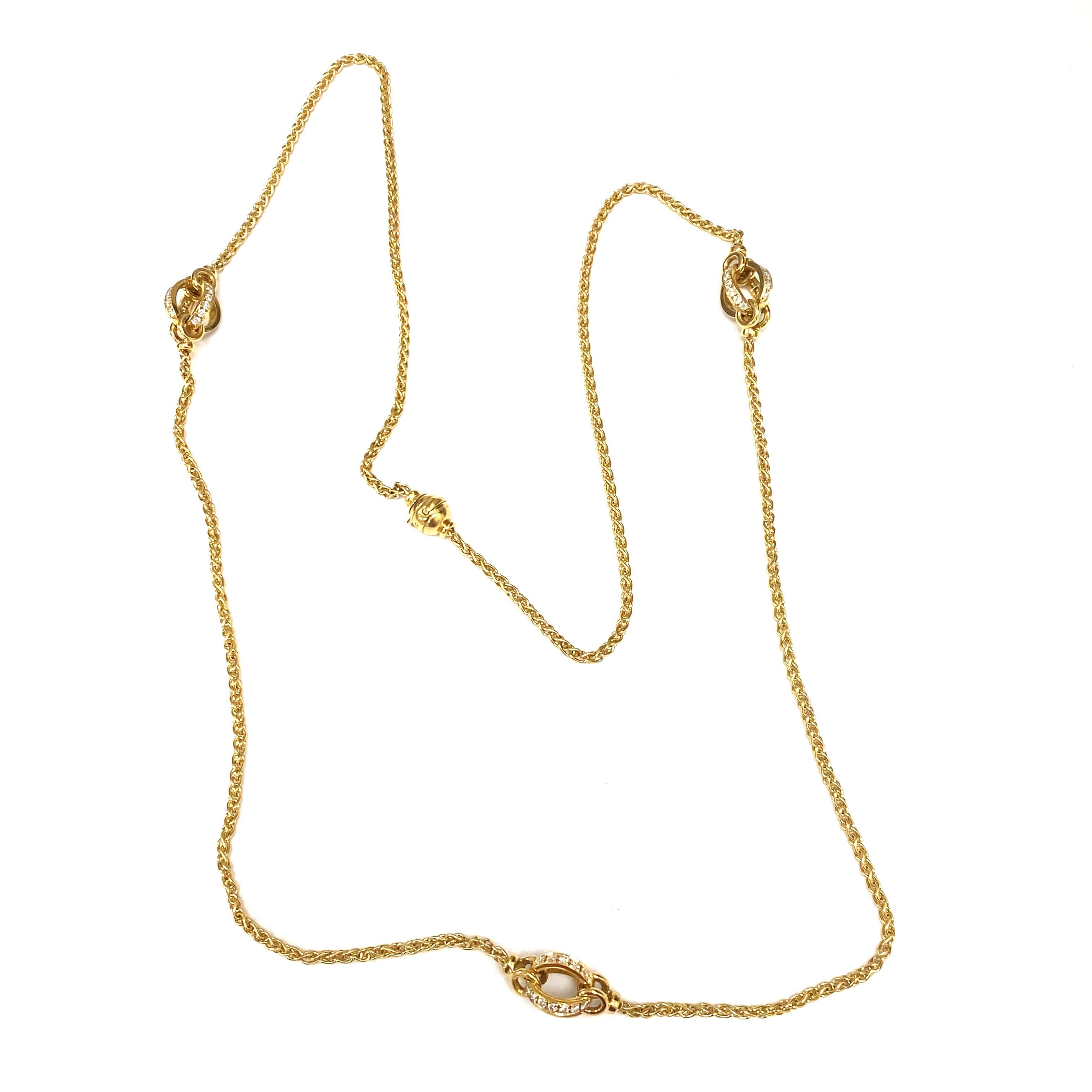 Garrad Jewel of Ocean Lange Diamant-Halskette aus 18 Karat Gelbgold.  (72) Diamanten im runden Brillantschliff mit einem Gesamtgewicht von 1,59 Karat, Farbe F-G und Reinheit VS sind fachmännisch gefasst.  Die Halskette misst 31 Zoll in der Länge.