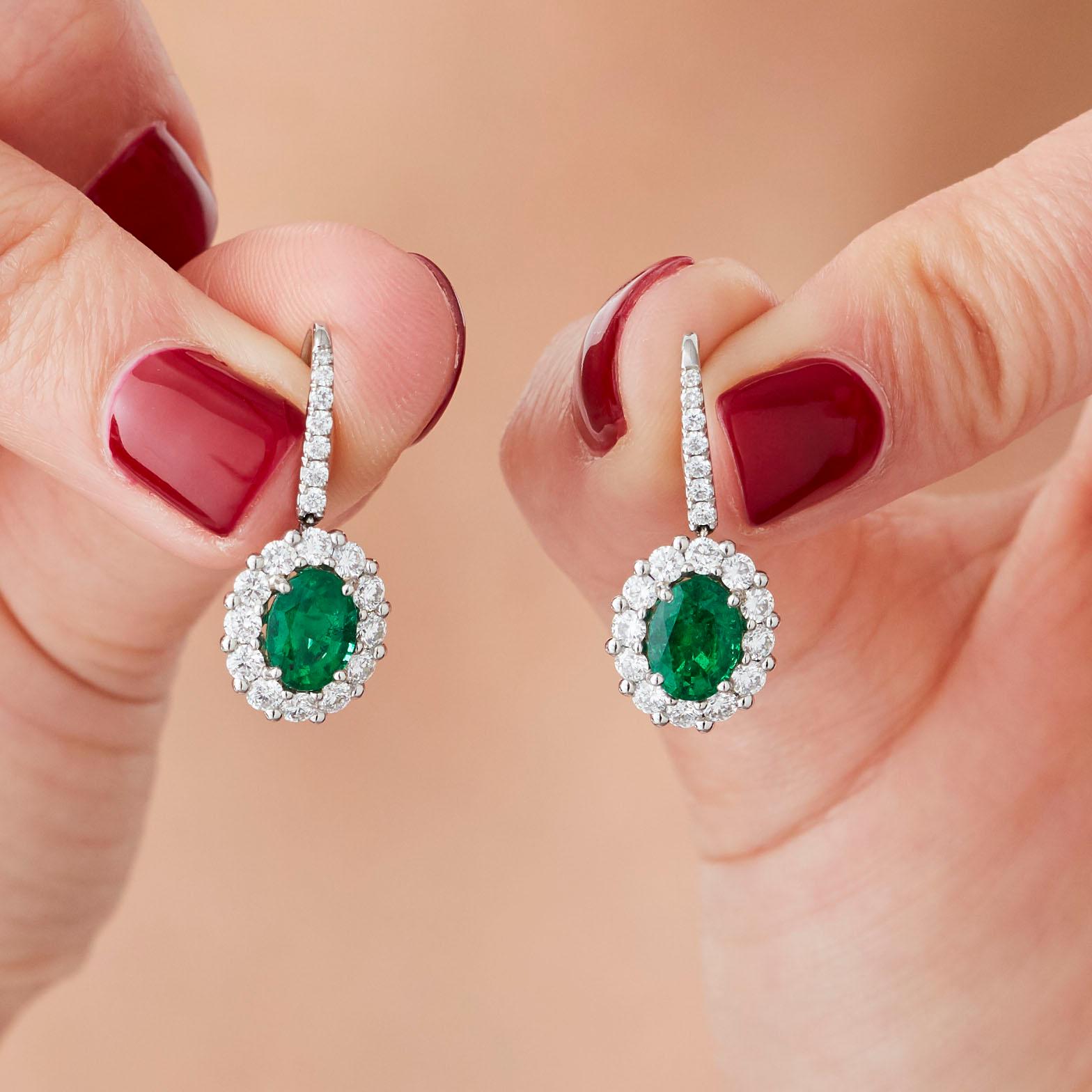 Garrard '1735' Platinum GCS Certified Emerald and White Diamond Cluster Earrings For Sale 4