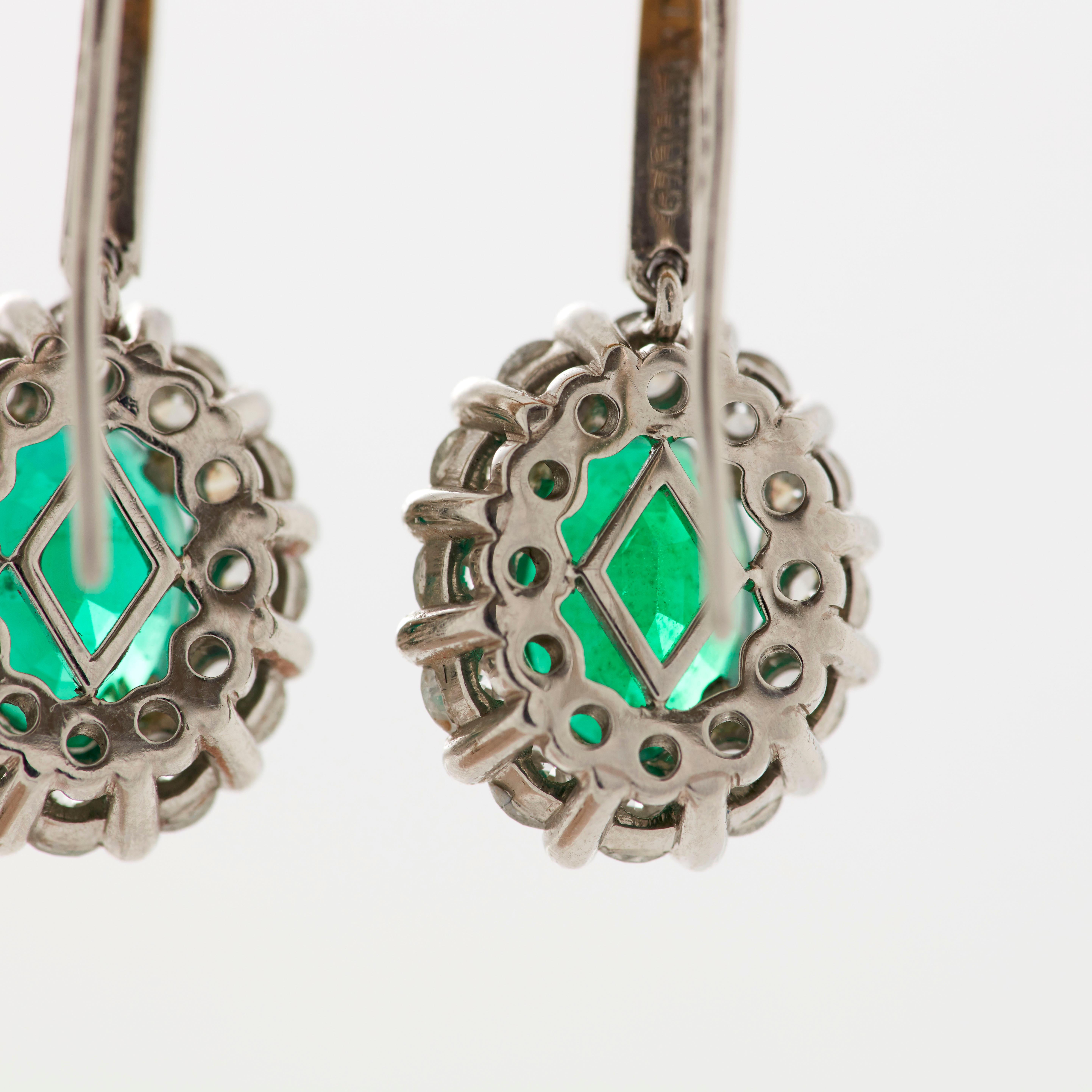 Garrard '1735' Platinum GCS Certified Emerald and White Diamond Cluster Earrings For Sale 5