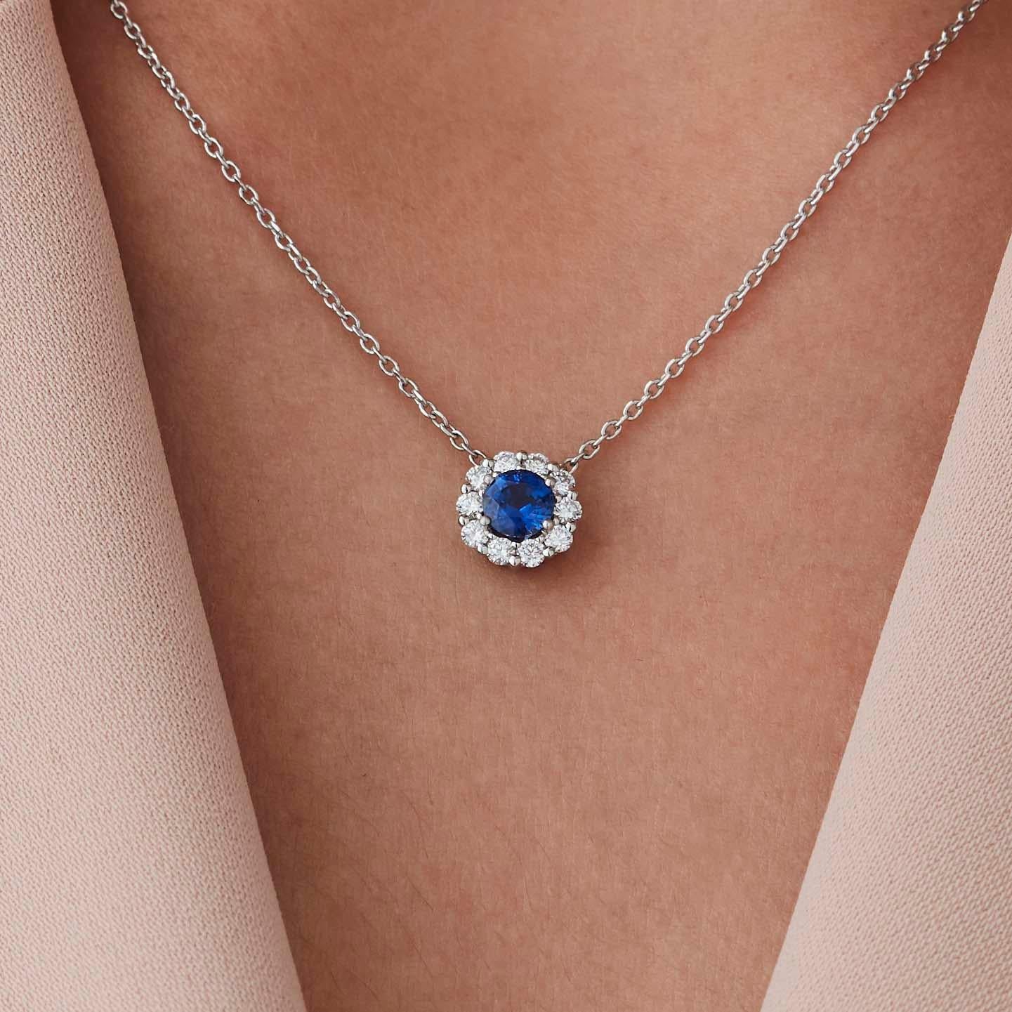 Round Cut Garrard '1735' Platinum GIA Certified Blue Sapphire and White Diamond Pendant For Sale