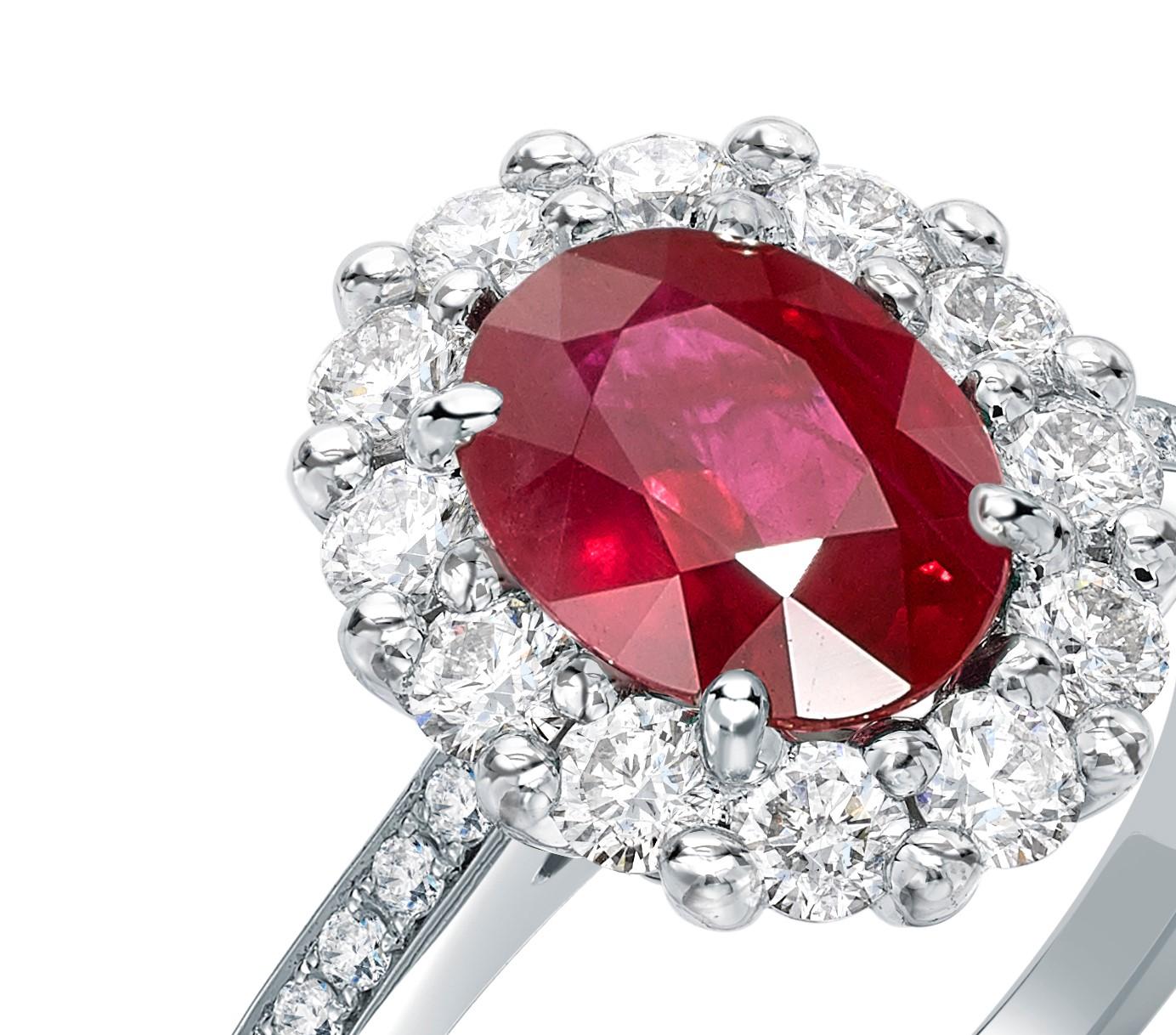 A House of Garrard platinum ring from the 1735 collection set with a central GIA certified oval ruby weighing 1.63 carats and 34 round white diamonds weighing 0.60 carats.

Size: 53 / 6.5 (Ring can be sized up or down; by two sizes)
1 oval ruby