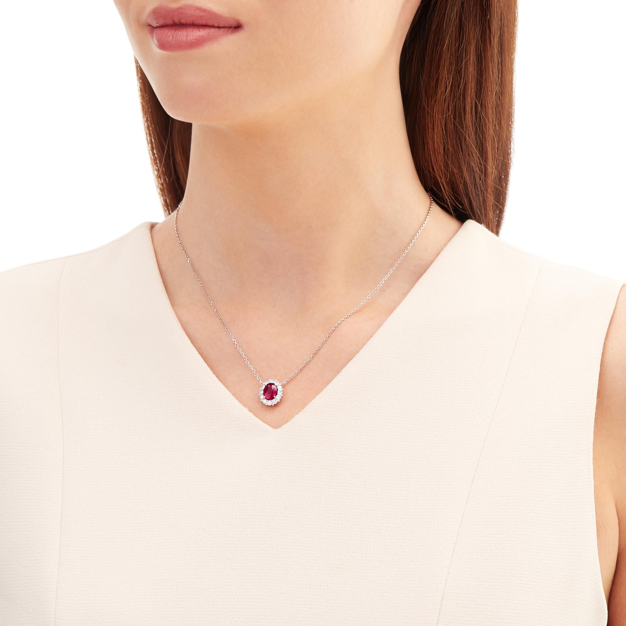 A House of Garrard platinum pendant from the 1735 collection set with a central oval ruby weighing 1.57 carats and 12 round white diamonds weighing 0.52 carats

1 central oval ruby weighing 1.57 carats. GIA certified; origin Mozambique
12 round