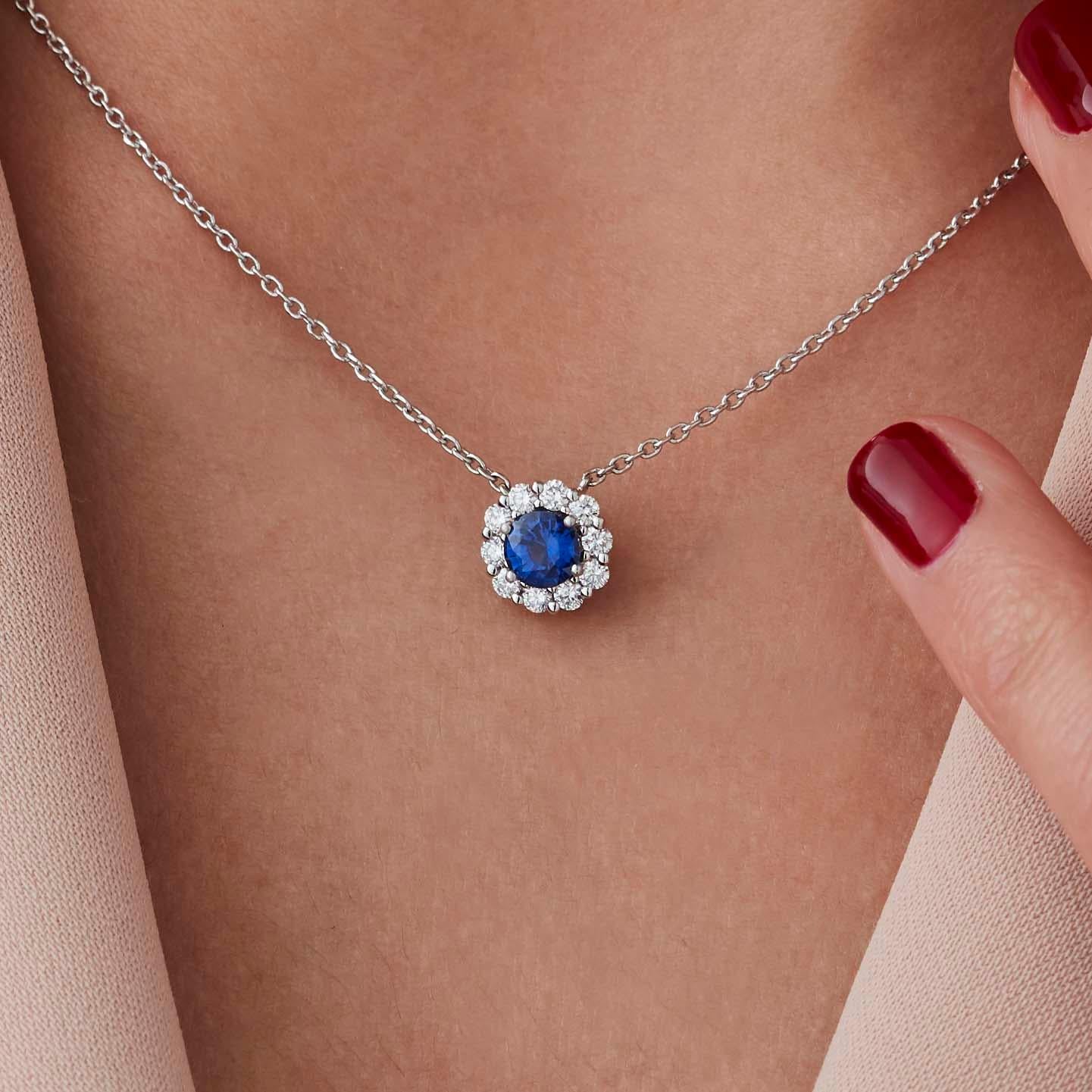 A House of Garrard platinum pendant from the Garrard 1735 collection set with a central round sapphire and round white diamonds.

1 round sapphire 
10 round white diamonds weighing 0.35cts
Total diamond weight: 0.35cts   

Additional Photos and