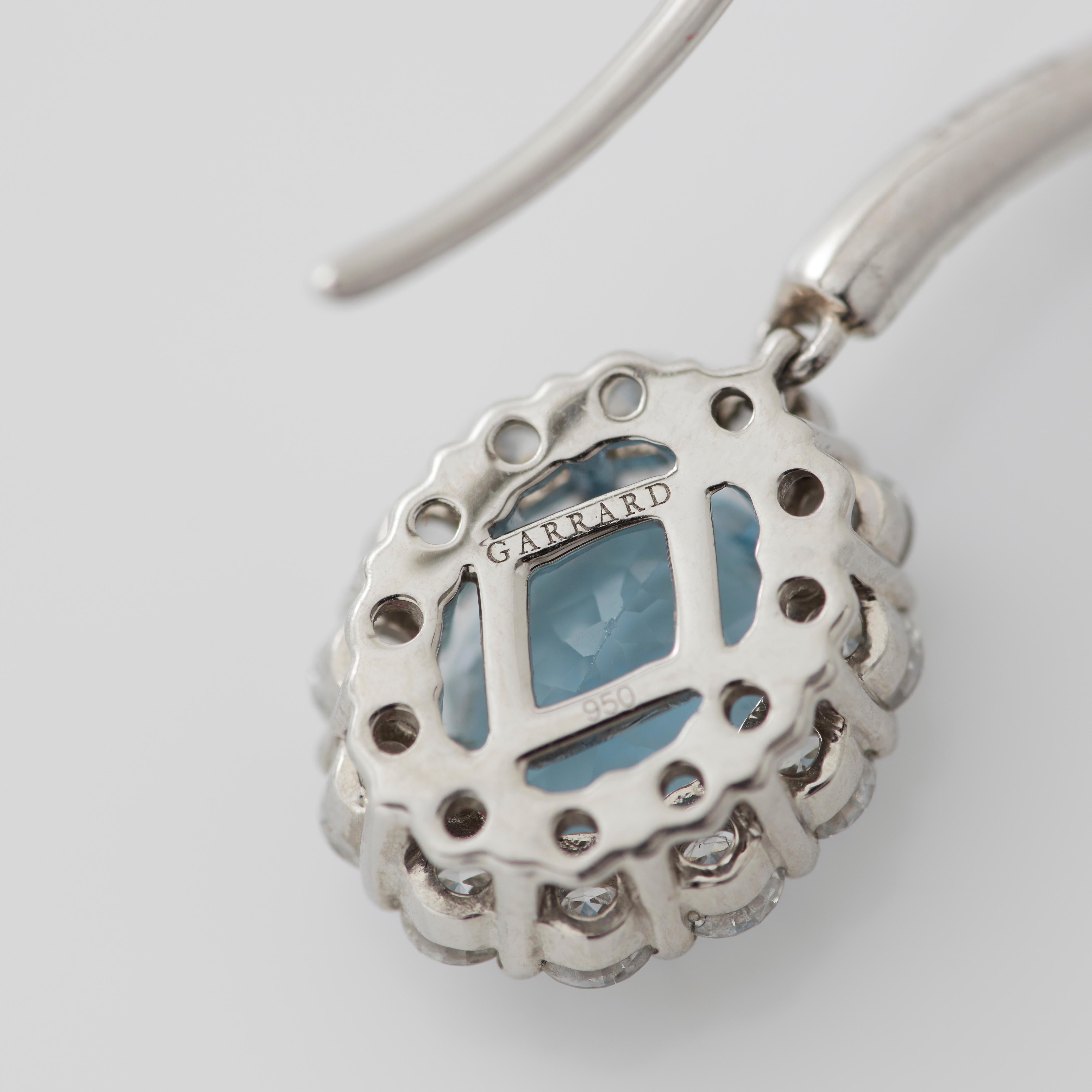 Garrard '1735' Platinum White Diamond and Aquamarine Drop Earrings For Sale 2