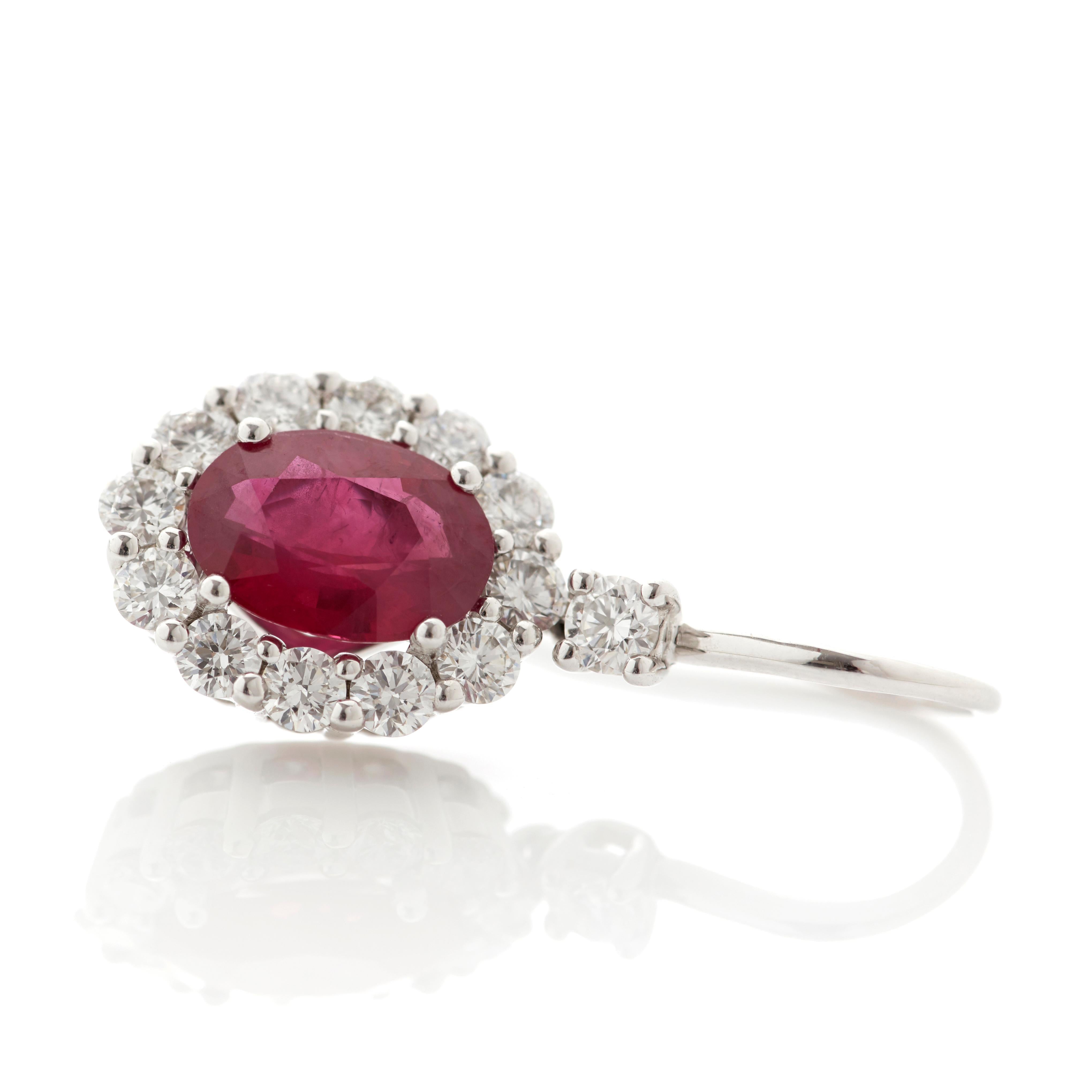 Women's or Men's Garrard '1735' Platinum White Diamond and Oval Ruby Drop Earrings For Sale
