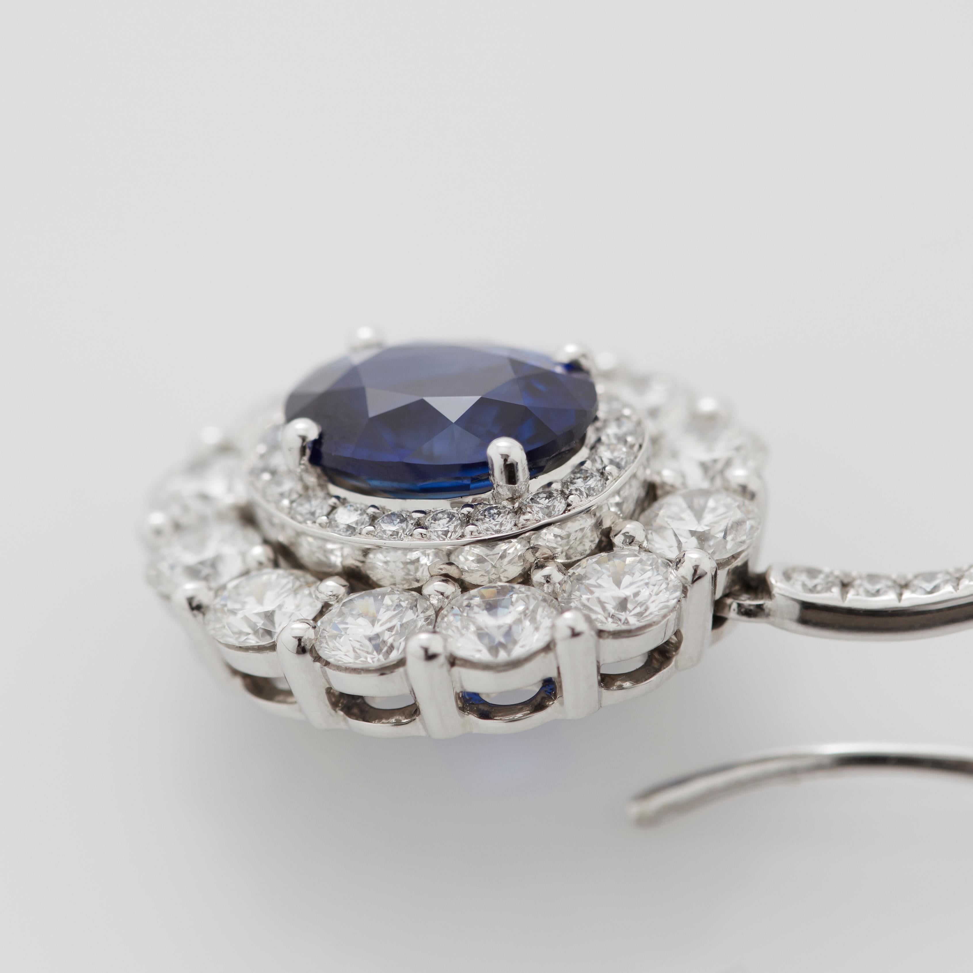Oval Cut Garrard '1735' Platinum White Diamond Blue Sapphire Double Cluster Drop Earrings