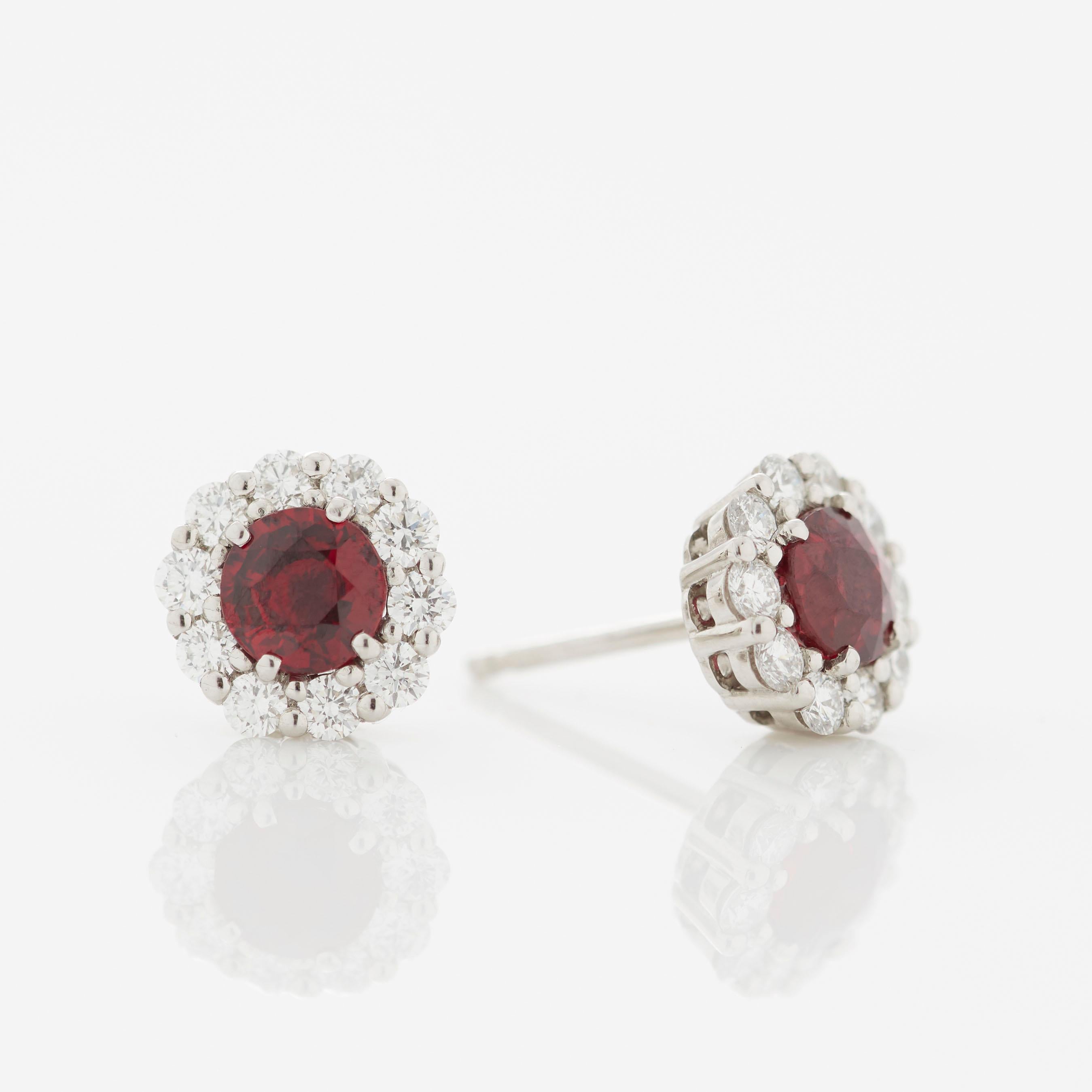 Round Cut Garrard '1735' Platinum White Diamond and Ruby Earrings For Sale