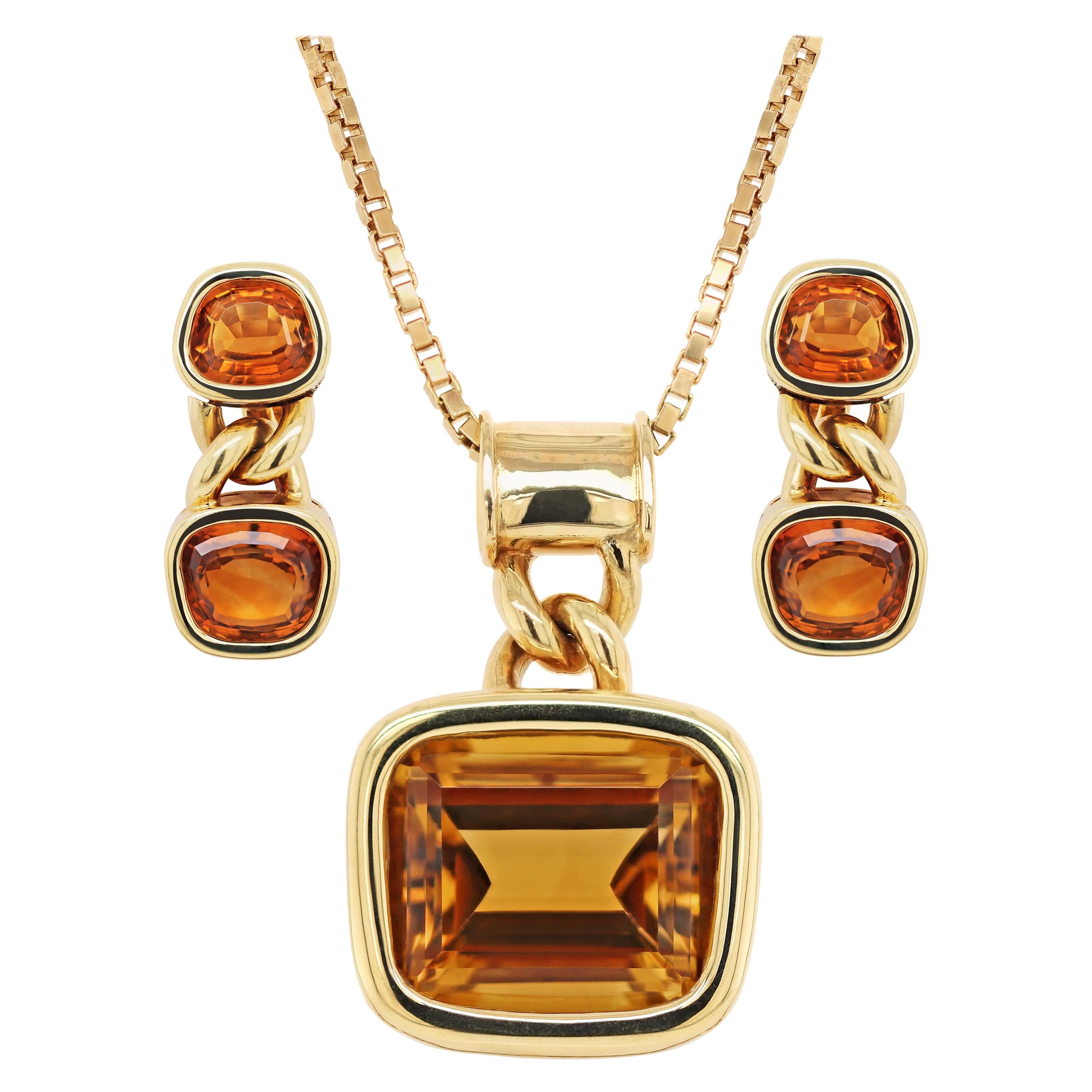 Garrard 18 Carat Yellow Gold Citrine Earrings and Pendant Set For Sale