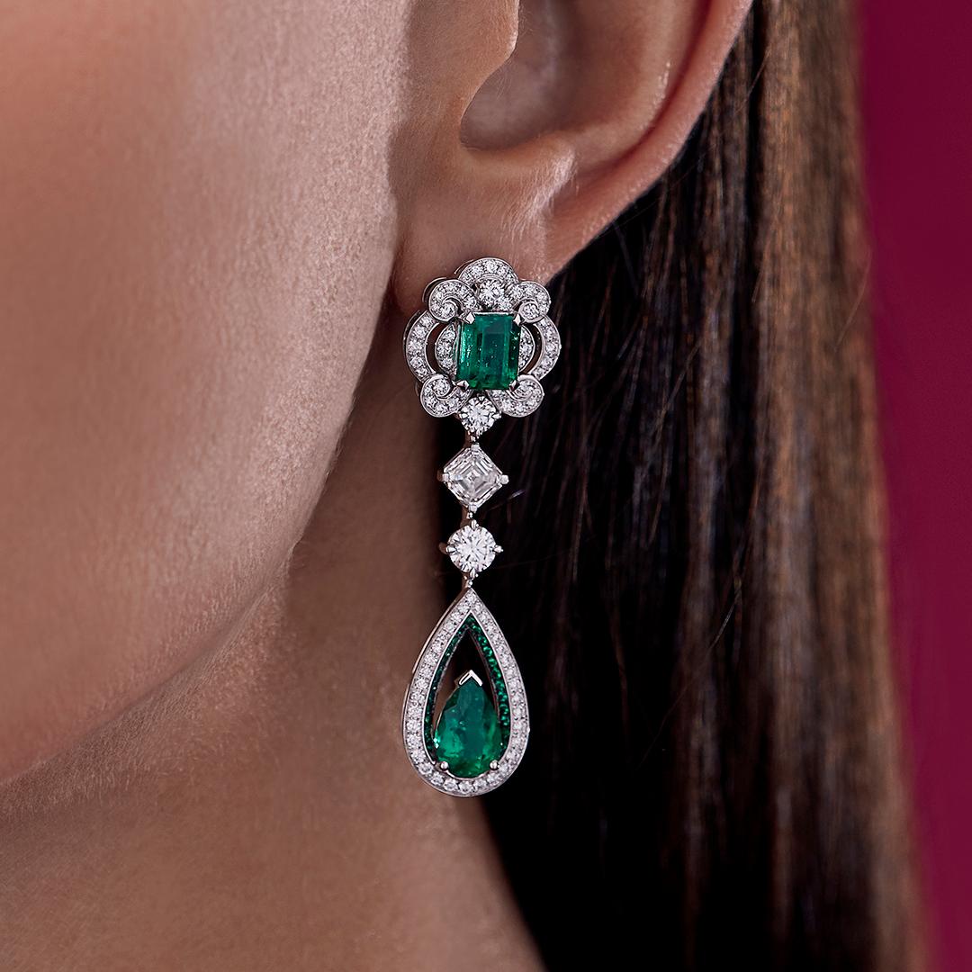 Emerald Cut Garrard 18 Karat Gold Gubelin GRS GIA Pearshape Emerald & Diamond Drop Earrings For Sale