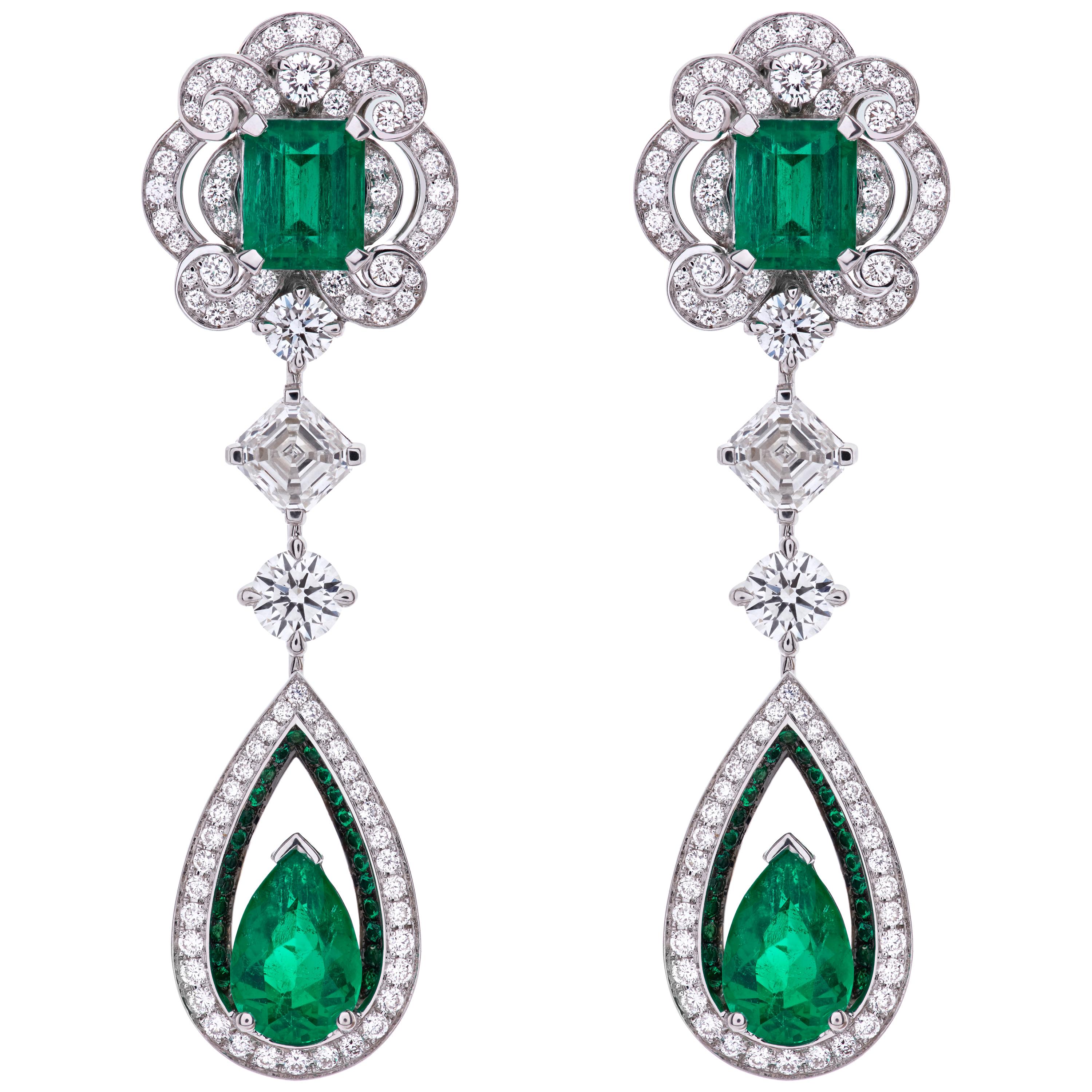 Garrard 18 Karat Gold Gubelin GRS GIA Pearshape Emerald & Diamond Drop Earrings For Sale