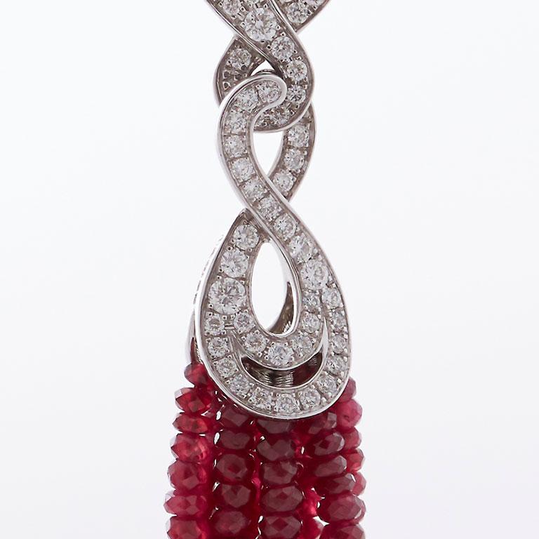 Modern Garrard 18 Karat Gold 'Entanglement' White Diamond and Ruby Bead Tassel Earrings For Sale