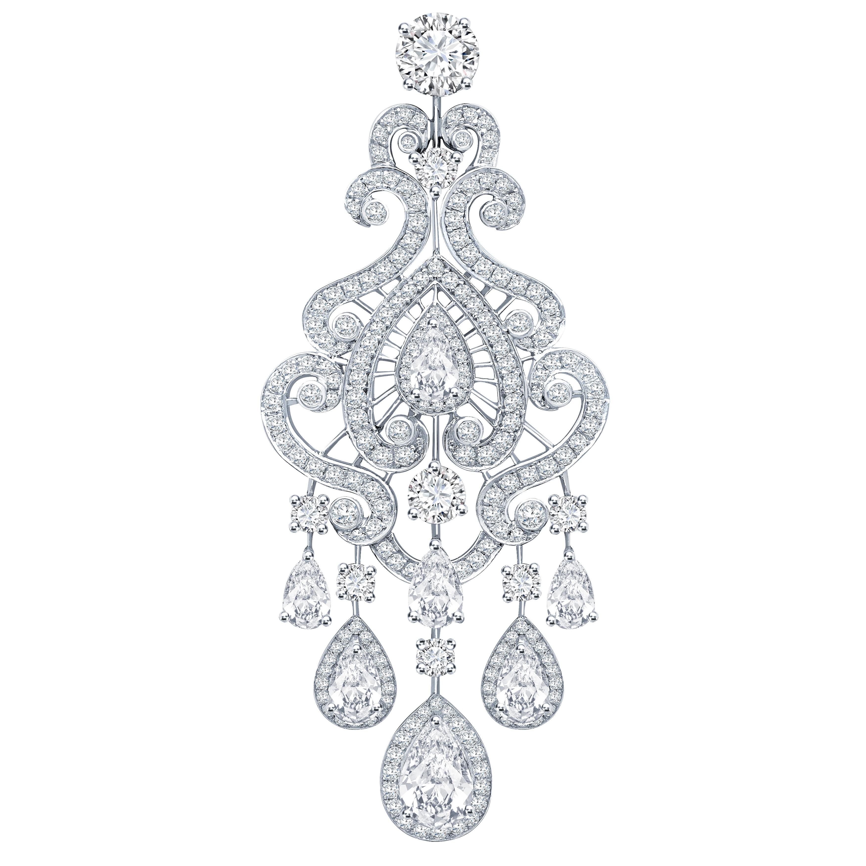 The perfect bridal gift that is beautiful and elegant. 
A pair of 18 karat white gold chandelier earrings from the House of Garrard. The earrings are set with central GIA certified GVS1 pearshape white diamonds weighing 0.80 carat and 0.81 carat,