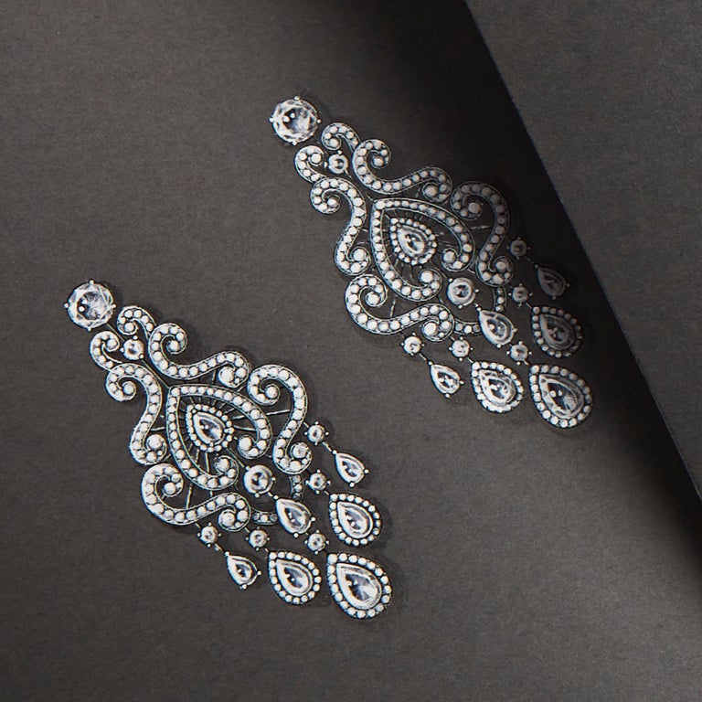 Pear Cut Garrard Bridal 18 Karat White Gold GIA Certified Diamond Chandelier Earrings For Sale