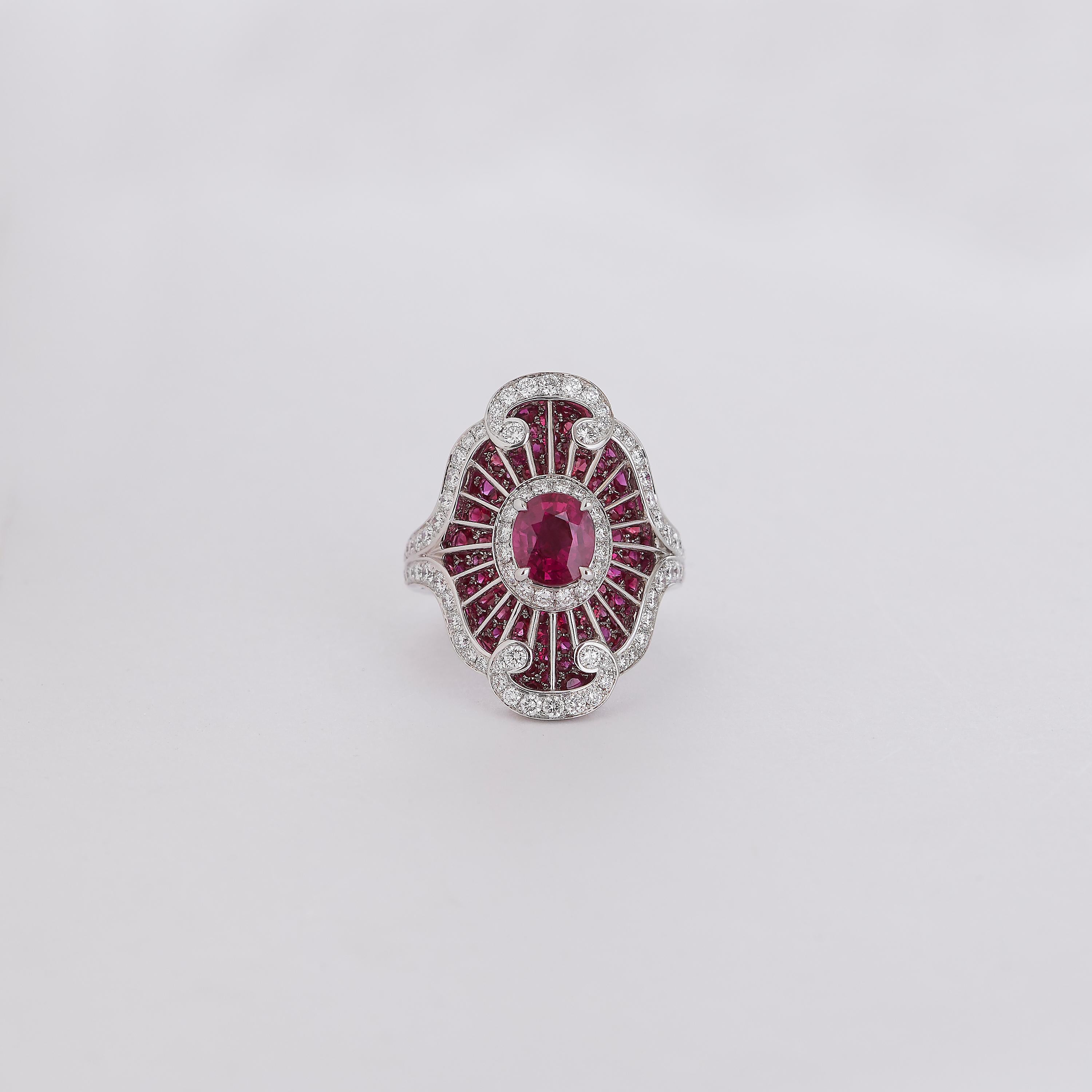 Garrard 18 Karat White Gold GIA Oval Ruby 4.55 Carat and Diamond Radiating Ring In New Condition For Sale In London, London