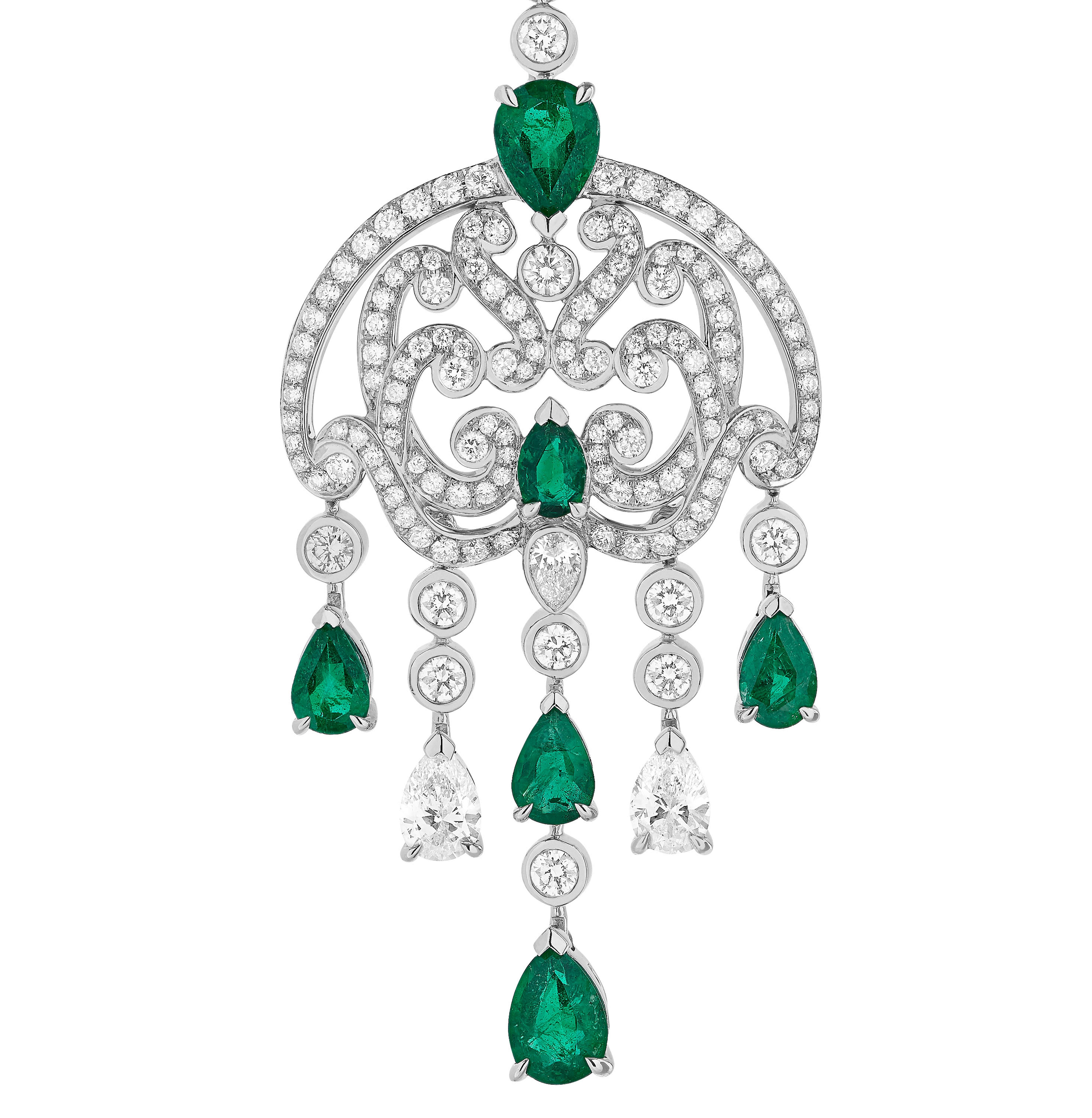 A pair of 18 karat white gold chandelier earrings from the House of Garrard. The earrings are set with 12 pear shaped emeralds weighing 5.16 carats, 6 pear shaped diamonds weighing 1.60 carats and round brilliant cut diamonds weighing 3.05 carats