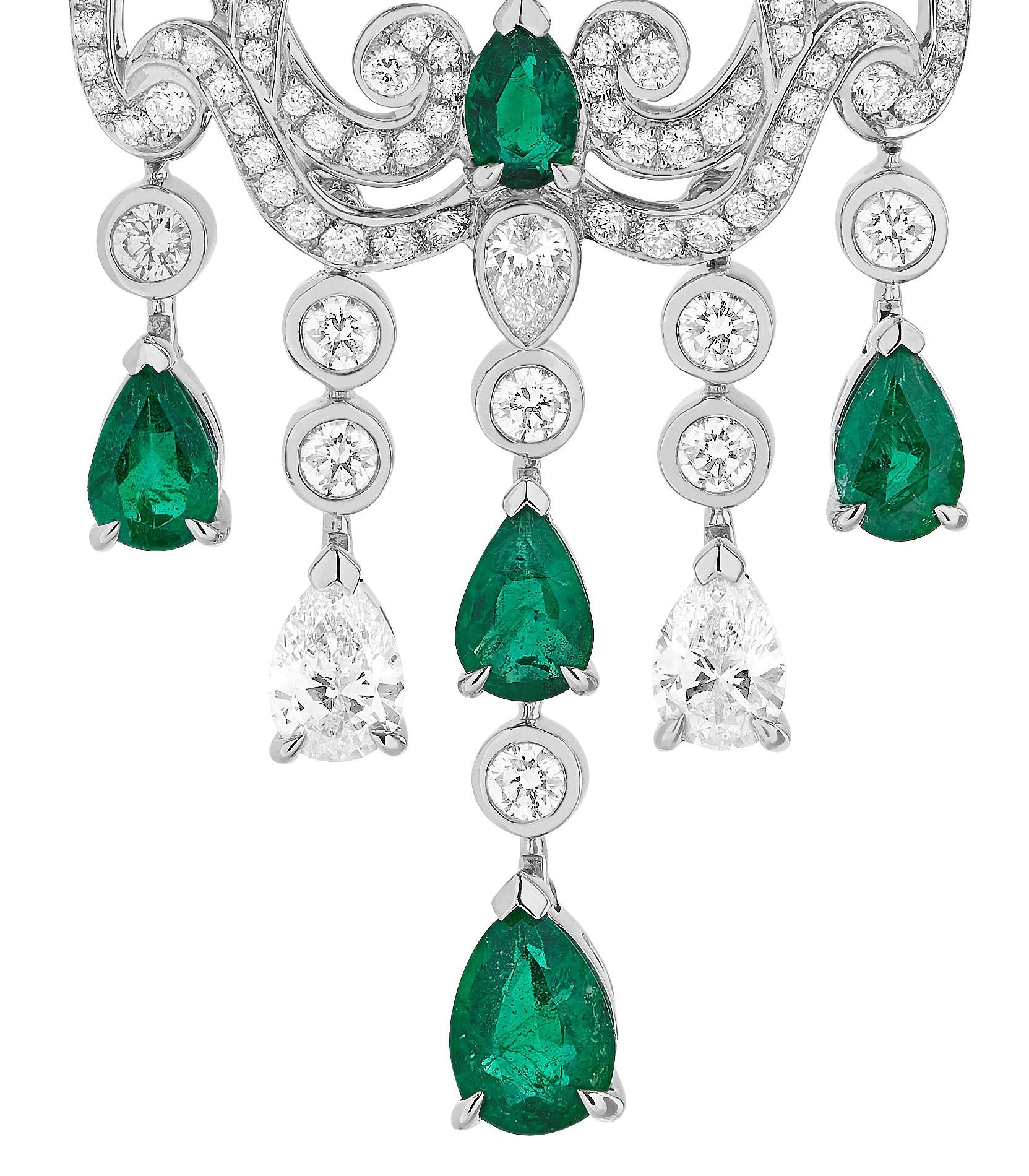 Modern Garrard 'Dahlia' White Gold Emerald and White Diamond Chandelier Earrings For Sale