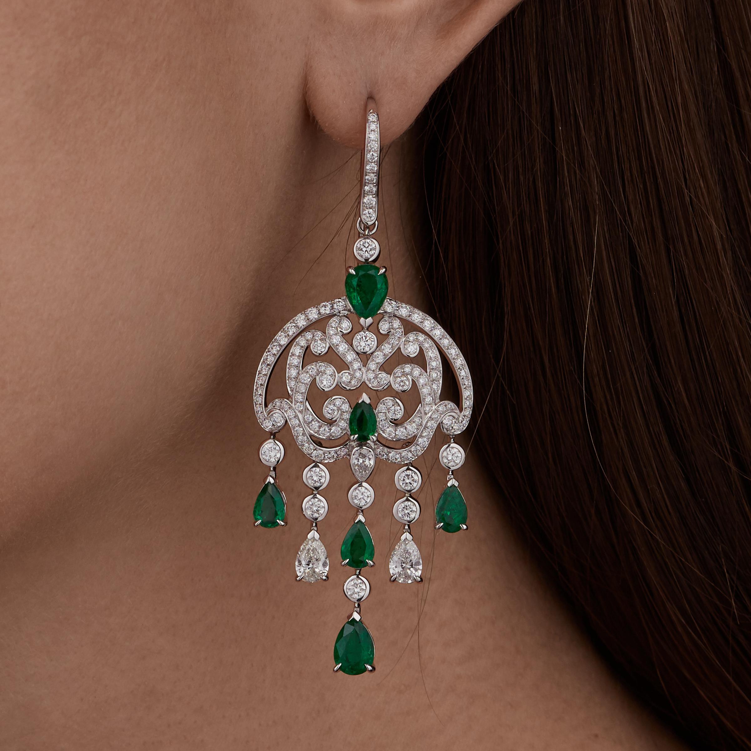 Pear Cut Garrard 'Dahlia' White Gold Emerald and White Diamond Chandelier Earrings For Sale