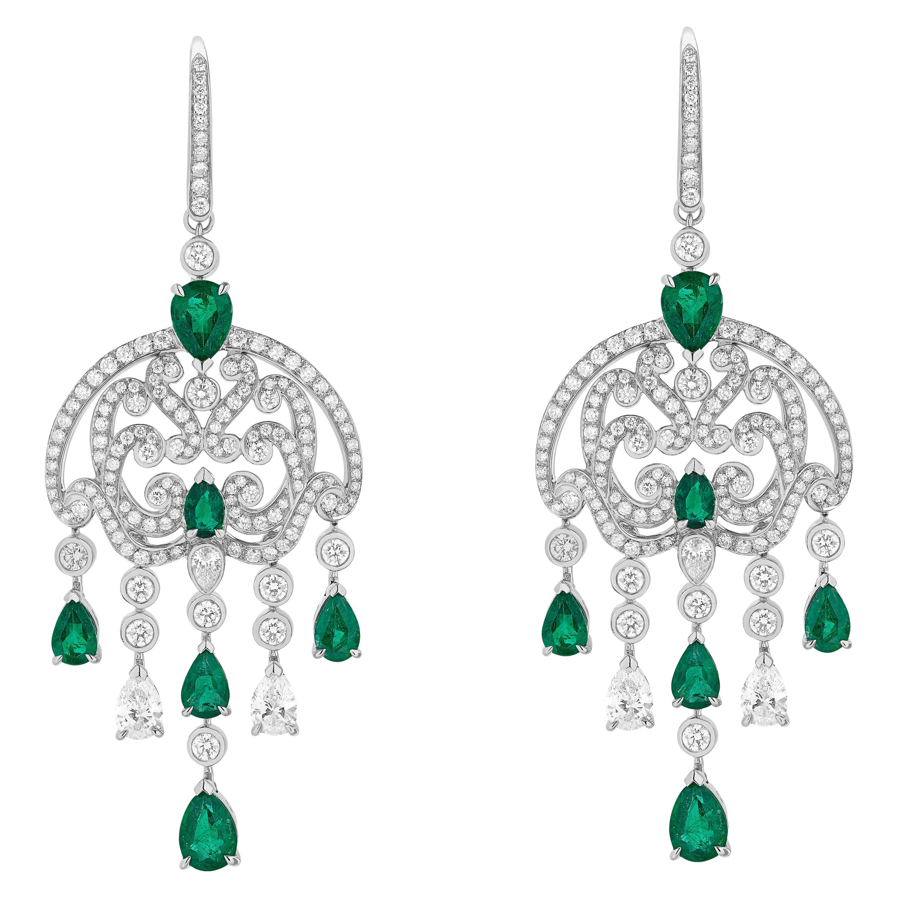 Garrard 'Dahlia' White Gold Emerald and White Diamond Chandelier Earrings For Sale