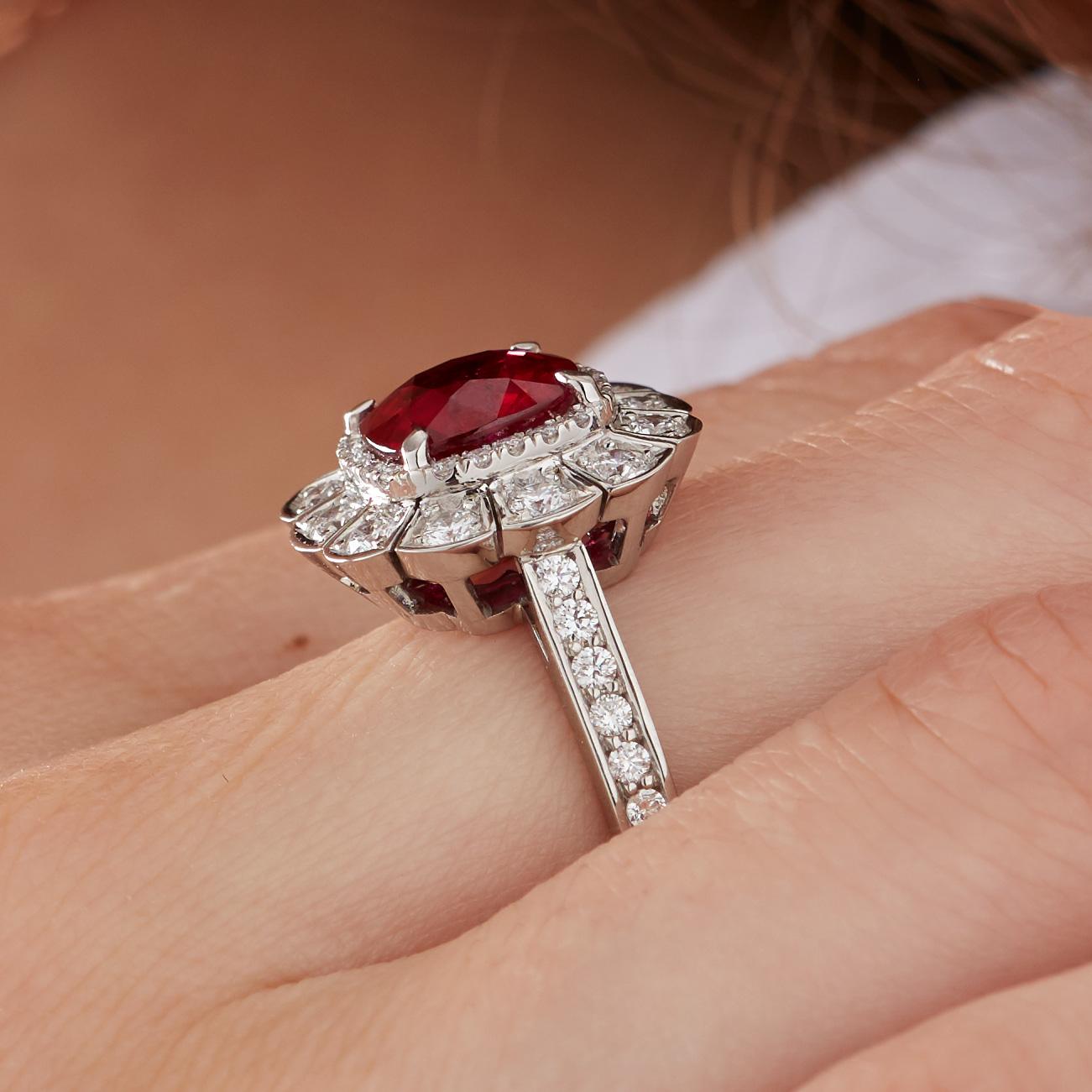 Garrard 3.04 Carat GRS Cushion Cut Vivid Red Ruby  Diamond Cocktail Ring In New Condition In London, London