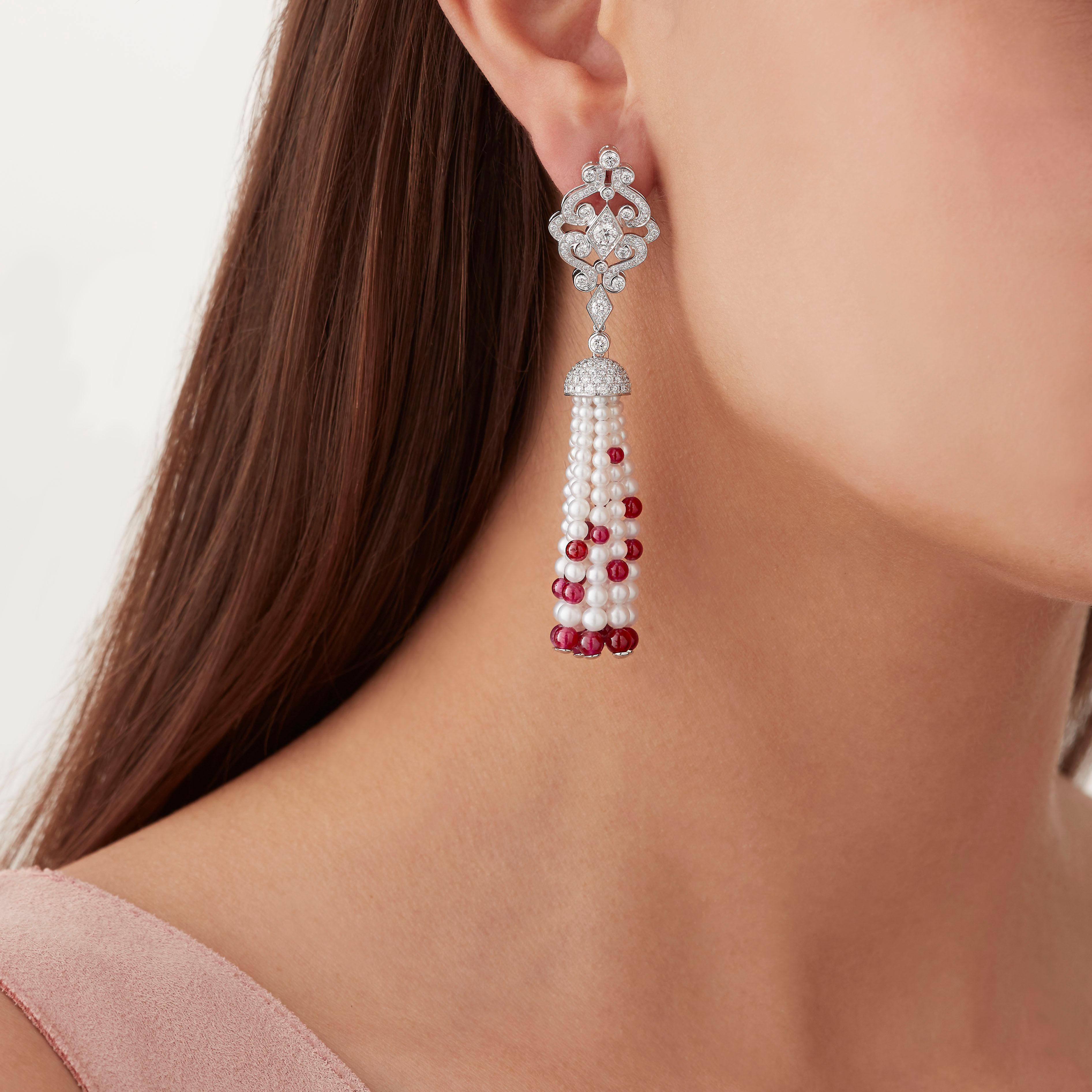 Garrard 'Albemarle' 18 Karat White Gold Diamond and Ruby Beaded Tassell Earrings In New Condition For Sale In London, London