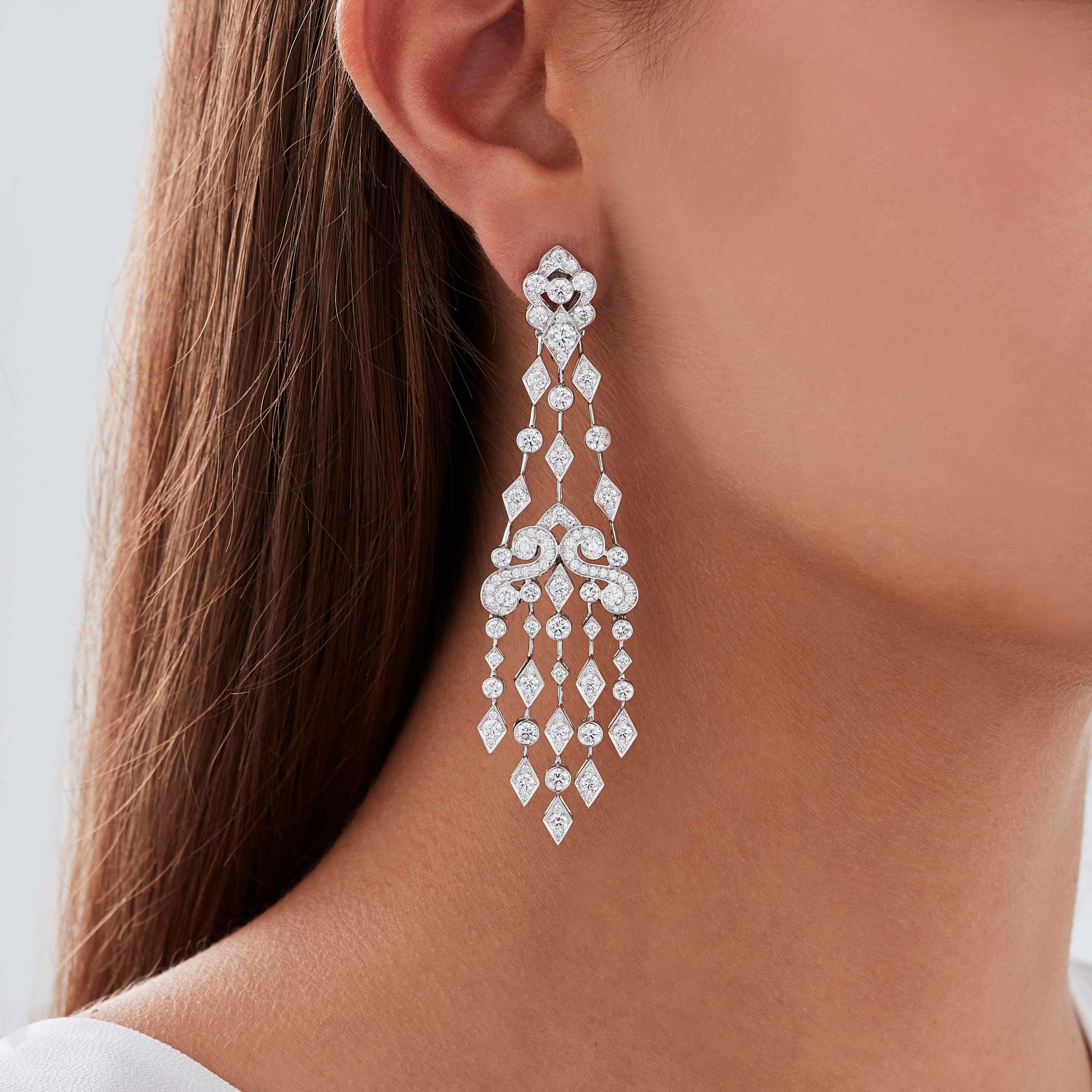 A House of Garrard pair of 18 karat white gold chandelier earrings from the 'Albemarle' collection, set with round white diamonds. 

227 round white diamonds weighing: 8.63cts

Established in 1735, the House of Garrard is the longest serving