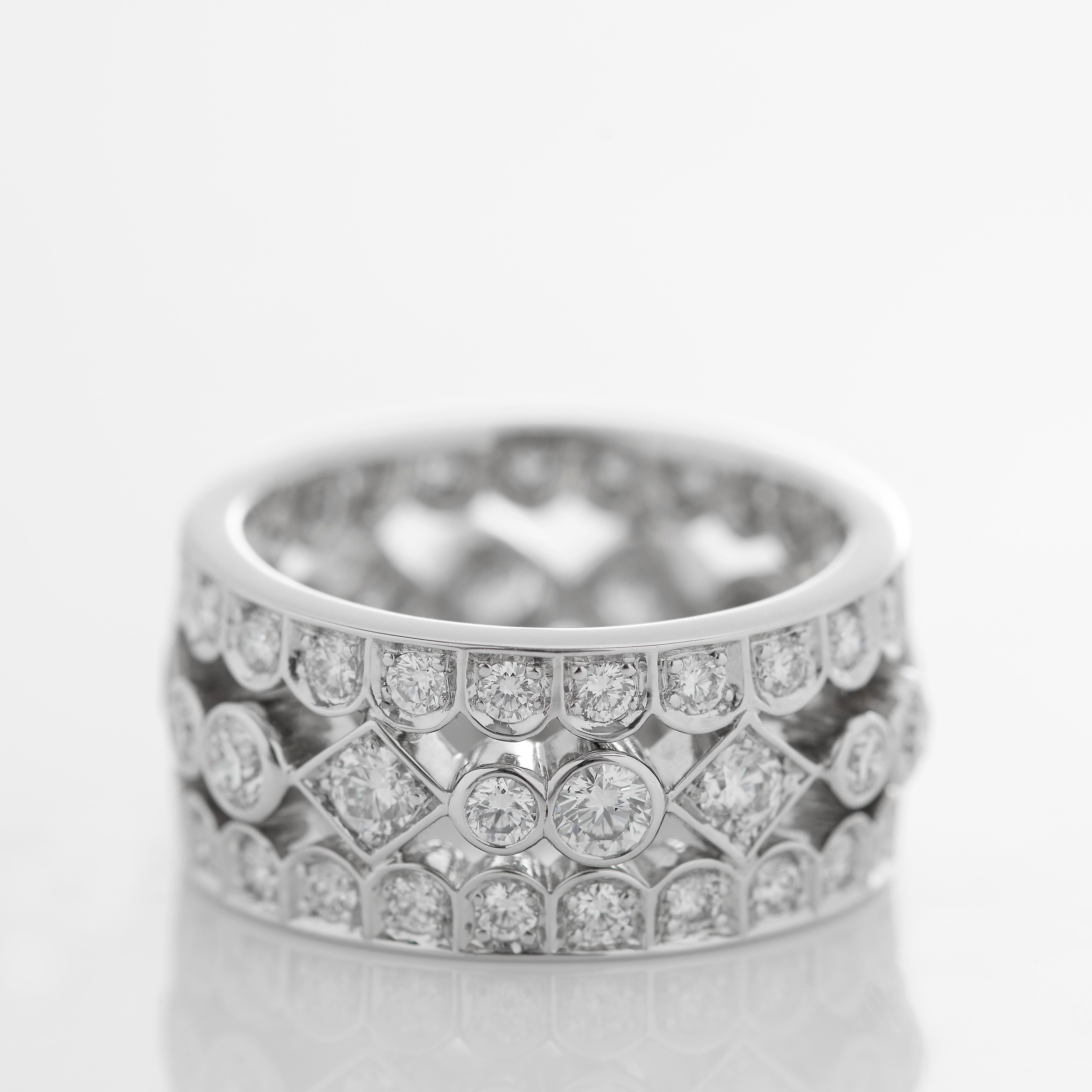 Round Cut Garrard 'Albemarle' 18 Karat White Gold White Diamond Wide Ring For Sale