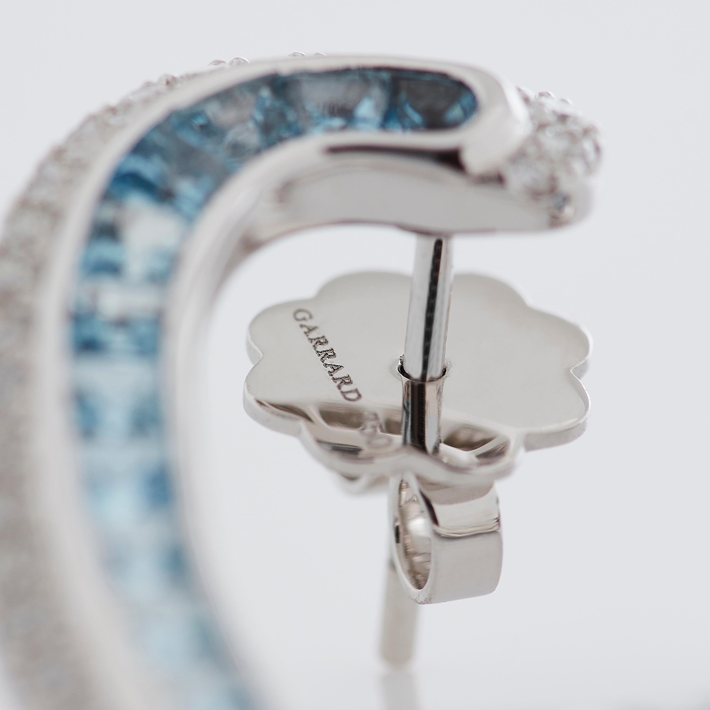 Garrard 'Aloria' 18 Karat White Gold Calibre Cut Aquamarine Diamond Earrings For Sale 6