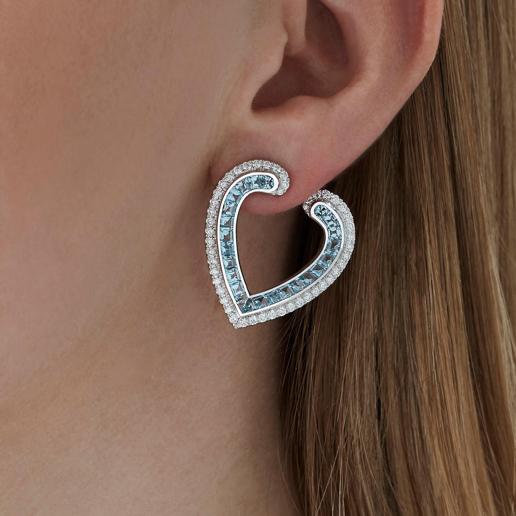 Modern Garrard 'Aloria' 18 Karat White Gold Calibre Cut Aquamarine Diamond Earrings For Sale