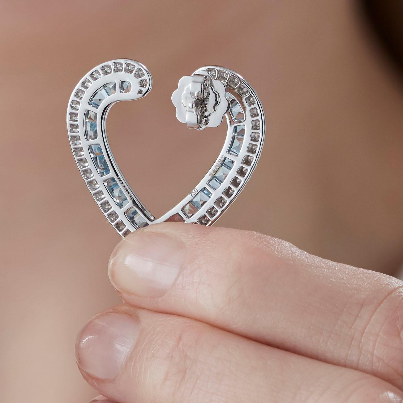 Women's or Men's Garrard 'Aloria' 18 Karat White Gold Calibre Cut Aquamarine Diamond Earrings For Sale