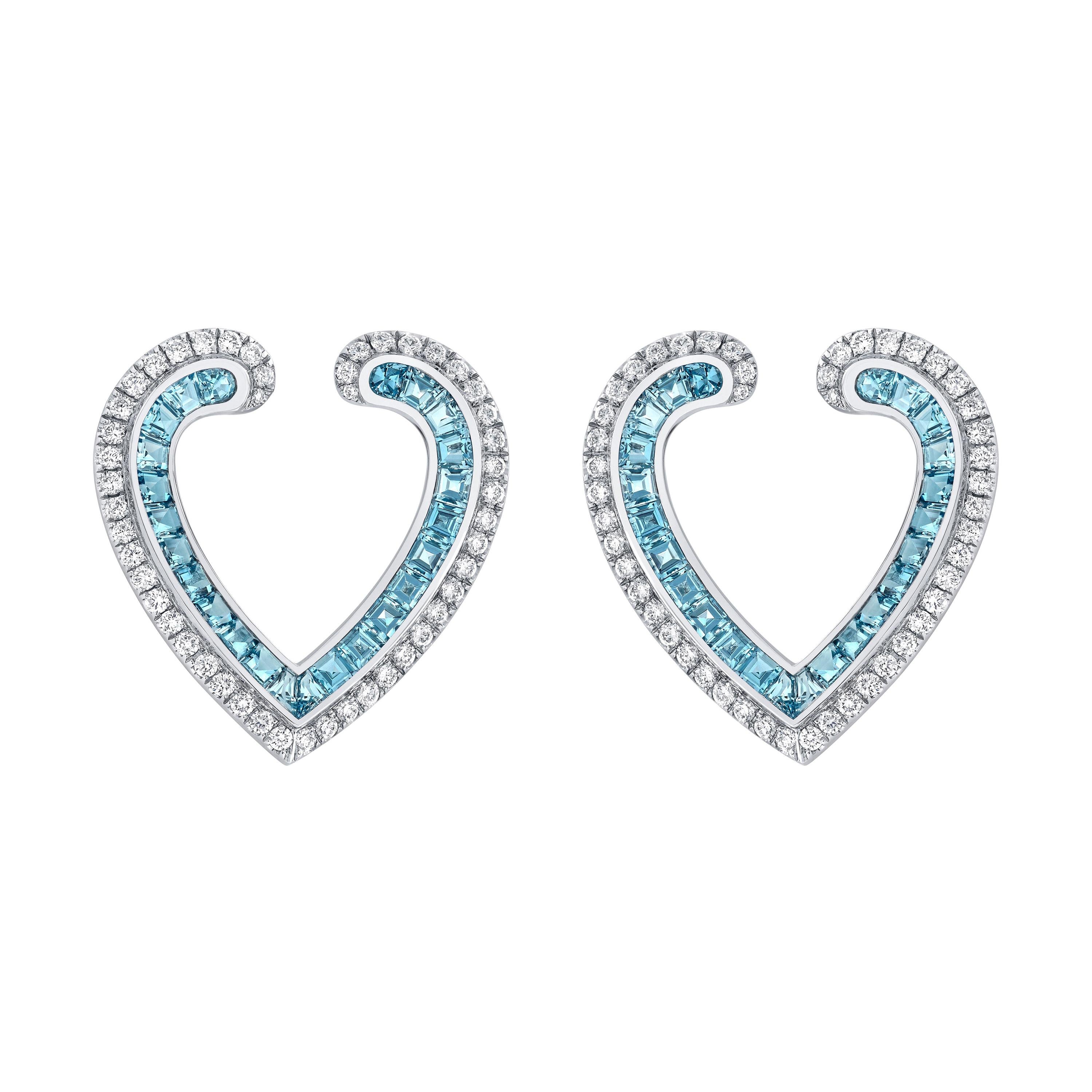 Garrard 'Aloria' 18 Karat White Gold Calibre Cut Aquamarine Diamond Earrings For Sale