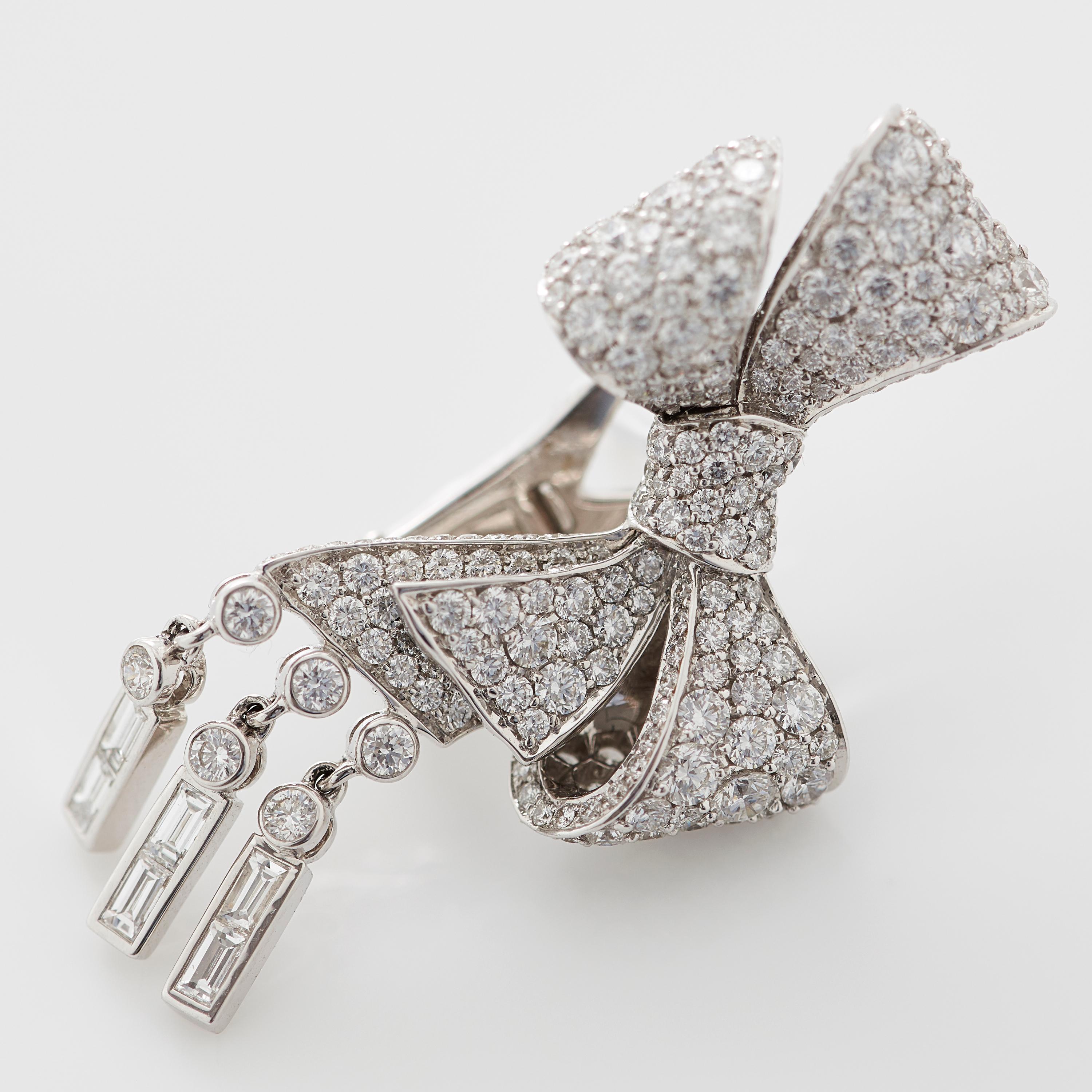 Garrard 'Bow' 18 Karat White Gold Round and Emerald Cut White Diamond Earrings For Sale 2
