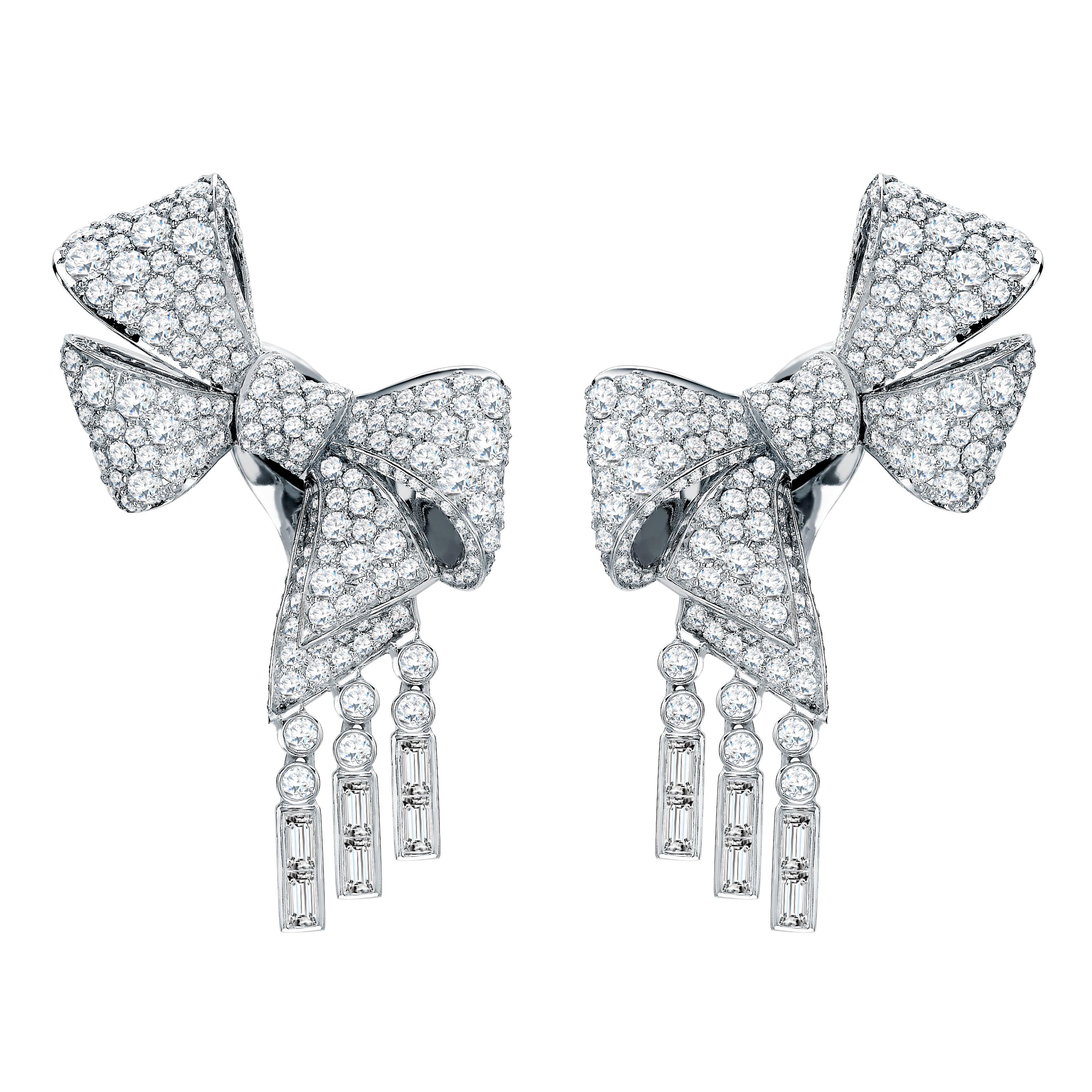 Garrard 'Bow' 18 Karat White Gold Round and Emerald Cut White Diamond Earrings For Sale