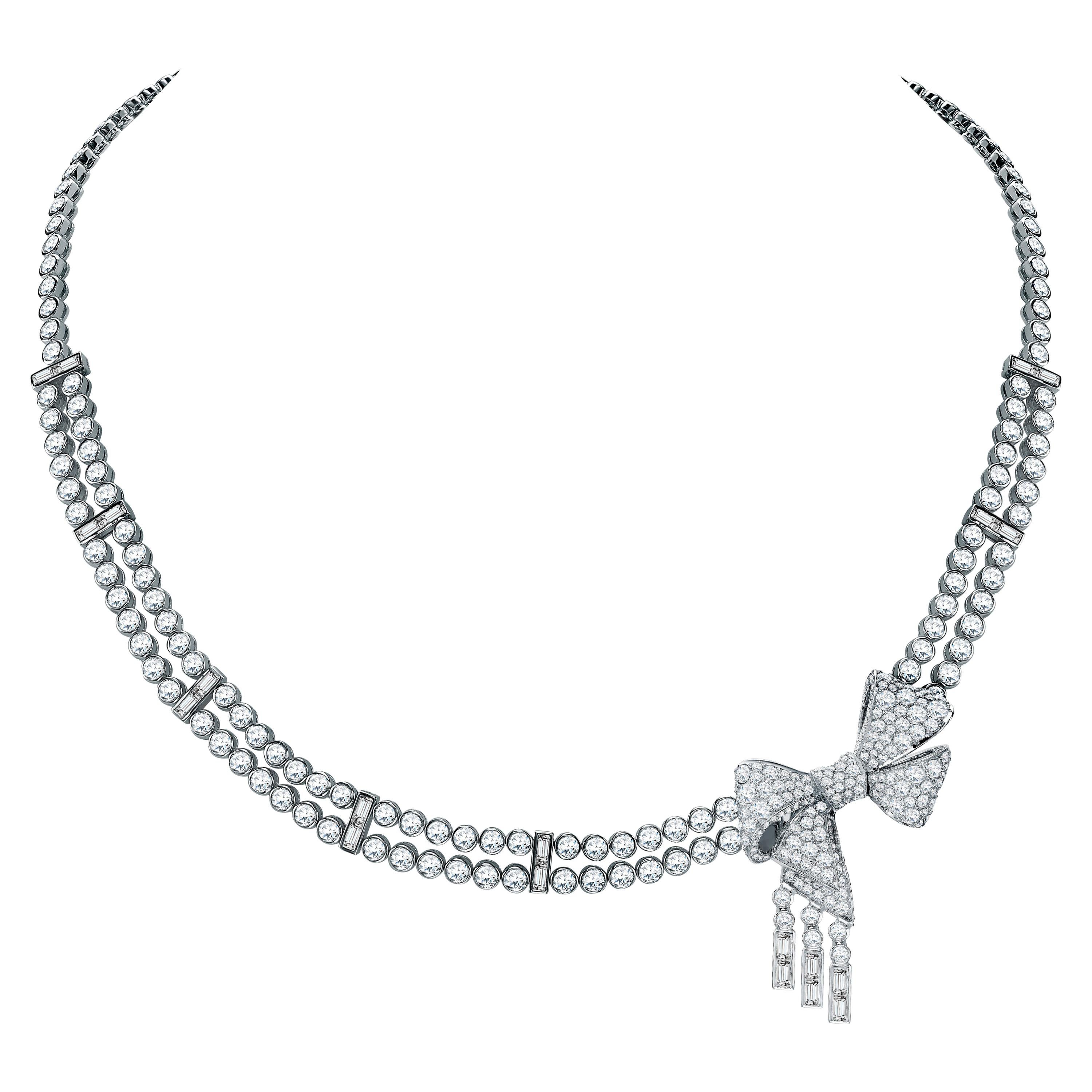 Garrard 'Bow' 18 Karat White Gold Round and Emerald Cut White Diamond Necklace For Sale