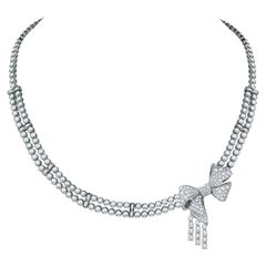 Garrard 'Bow' 18 Karat White Gold Round and Emerald Cut White Diamond Necklace