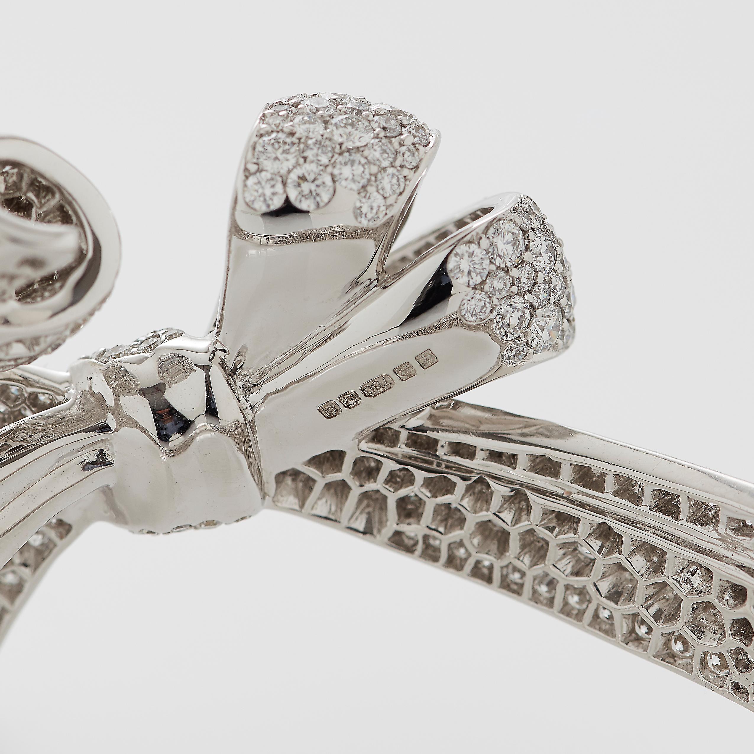 Women's or Men's Garrard 'Bow' 18 Karat White Gold White Diamond Bangle Cuff For Sale